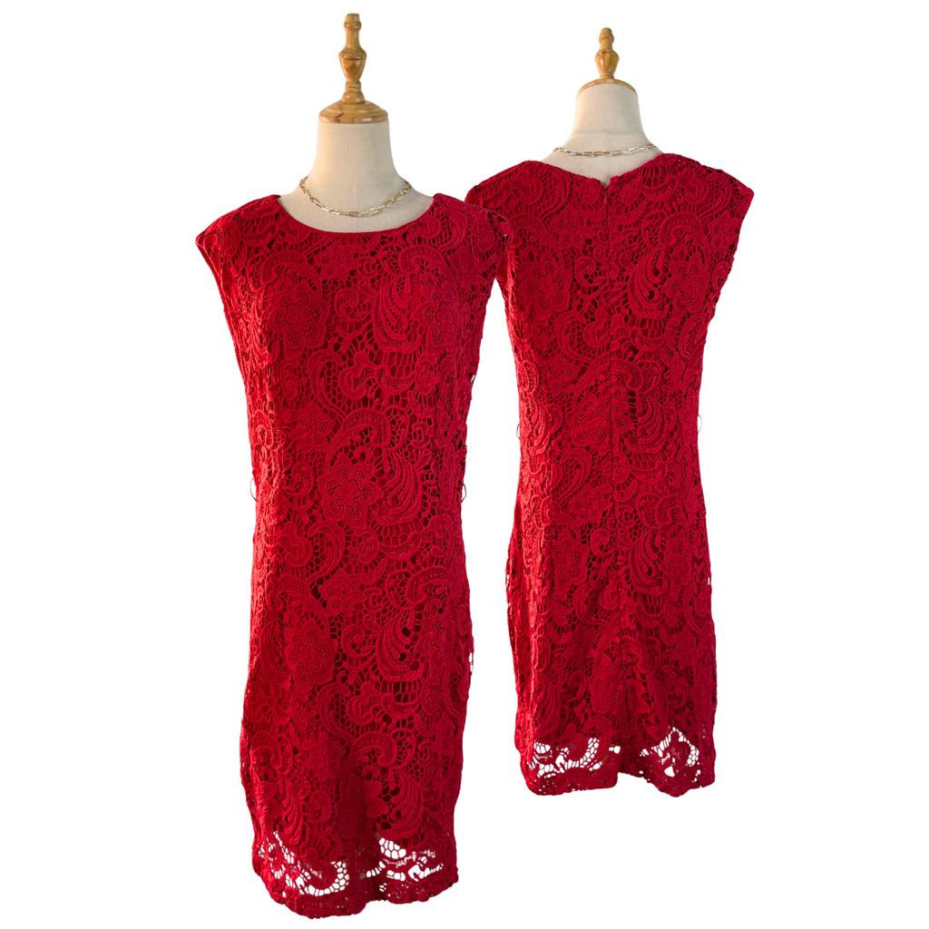 Striking Red Elegance: Pre-loved MANGO Lace Dress (Large)
