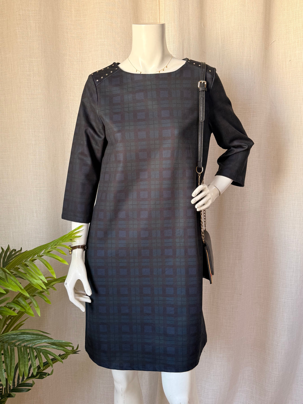 Cortefiel Plaid Studded Shift Dress - Size L (UK 12 / US 8)