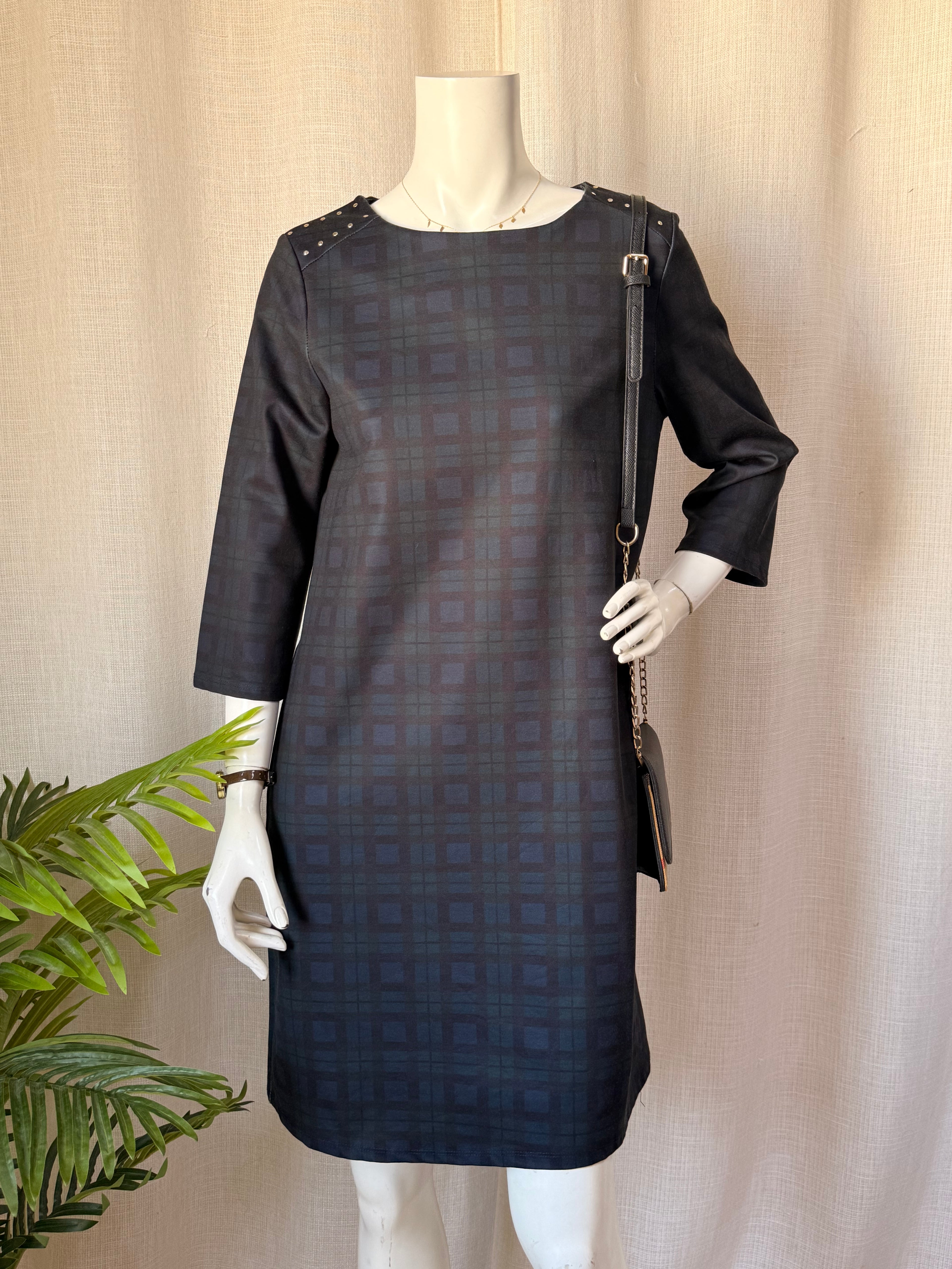 Cortefiel Plaid Studded Shift Dress - Size L (UK 12 / US 8)