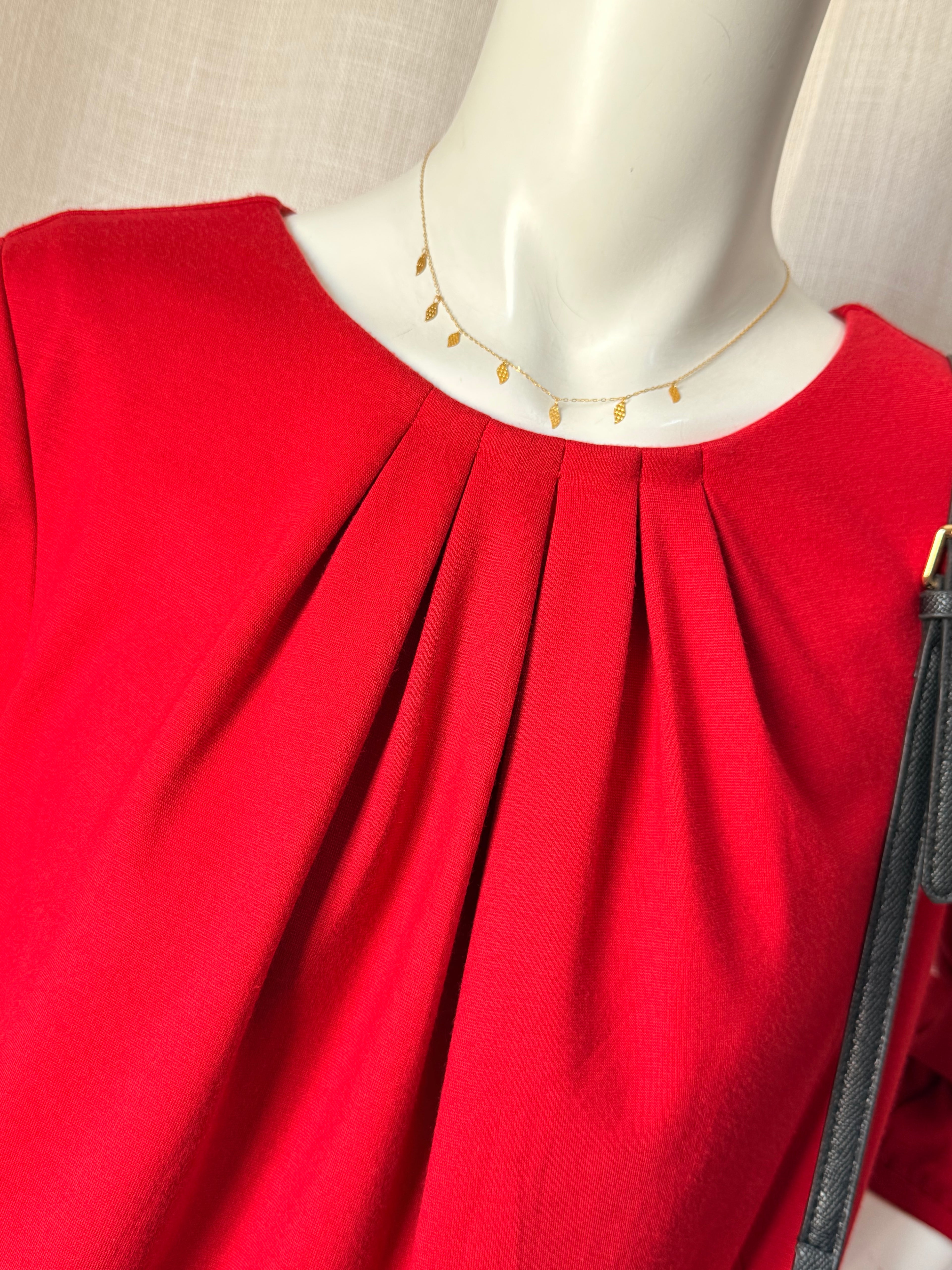 Alex & Co. Pleated Round Neck 3/4 Sleeve Shift Dress in Vibrant Red