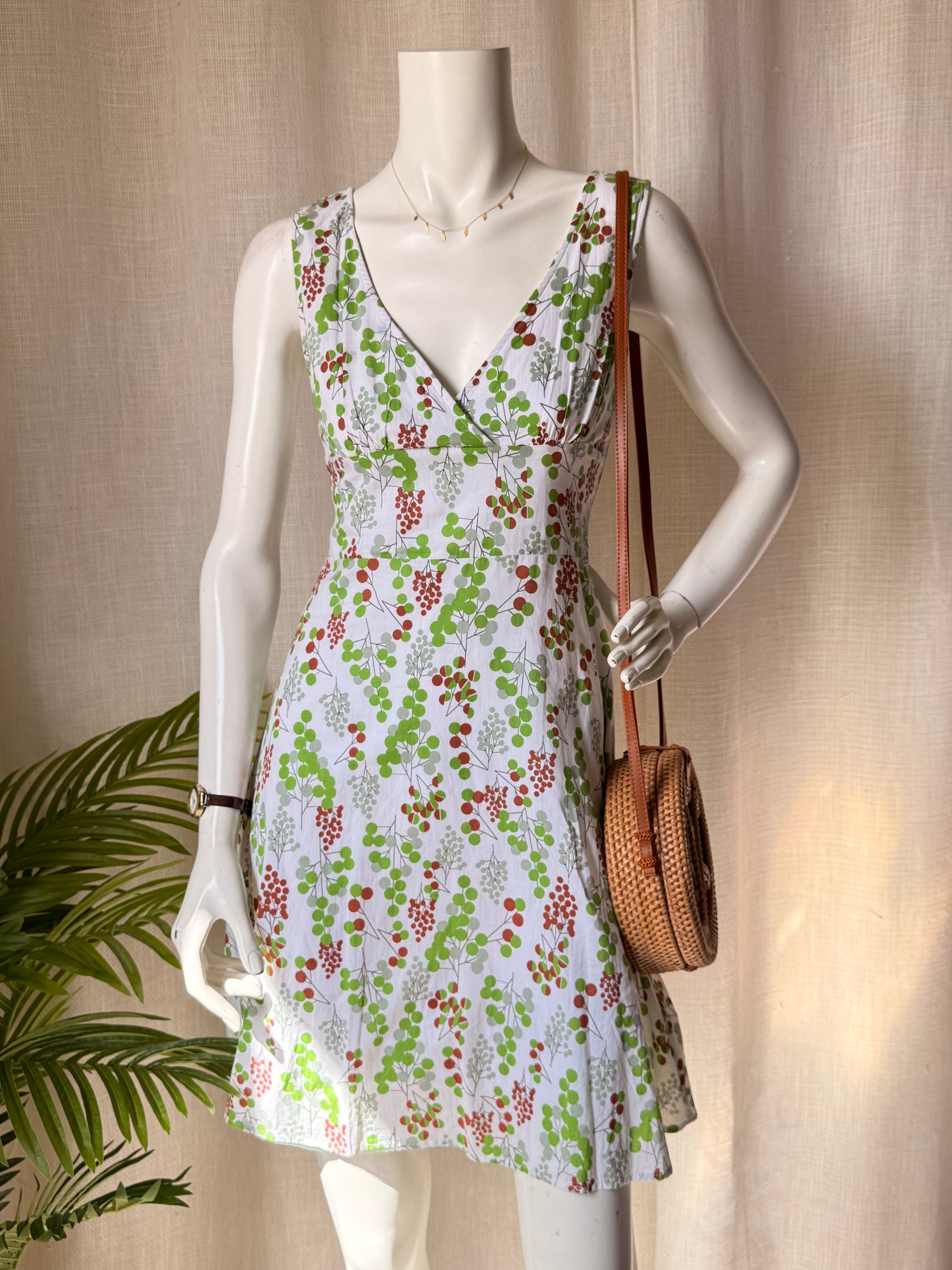 Twenty One Botanical Print Sundress - V-Neck Empire Waist - Green & Terracotta - Size XS/S