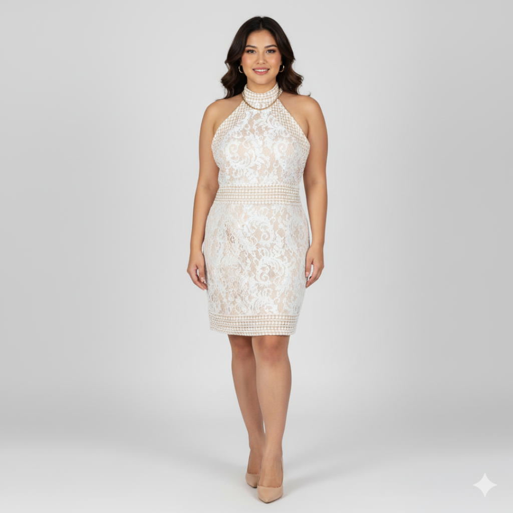 PrettyLittleThing Cream Lace Halterneck Bodycon Dress | UK 14