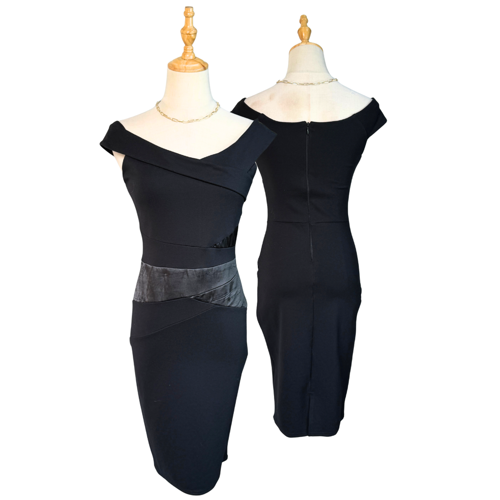 Lipsy London Black Off-Shoulder Dress with Faux Leather Detail | UK 10 (Preloved)