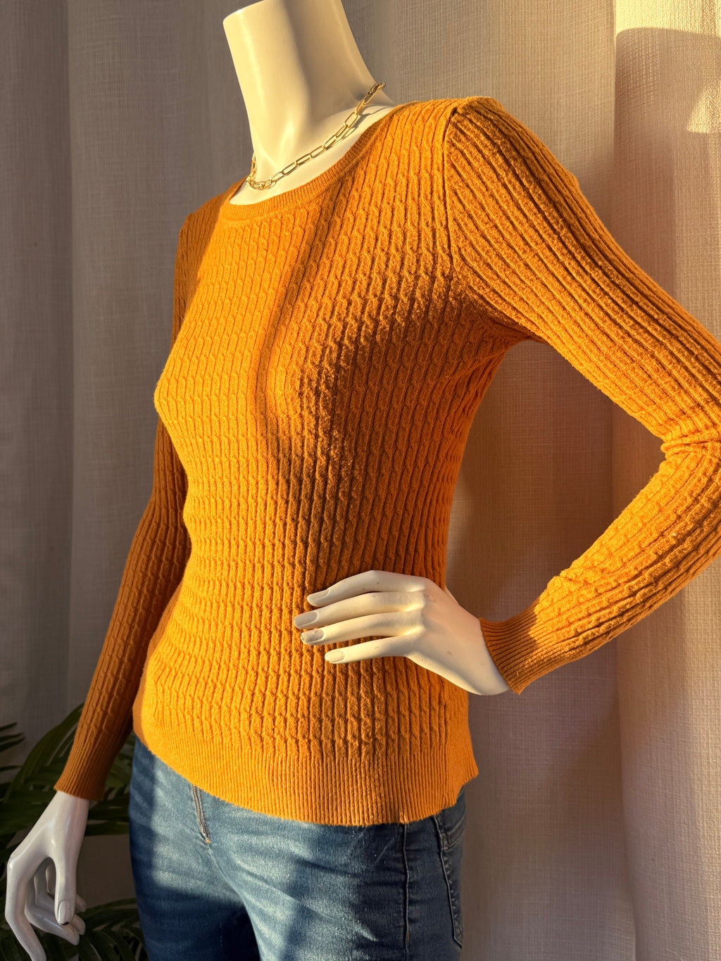 Honey-Mustard Micro-Cable Knit Sweater | Small