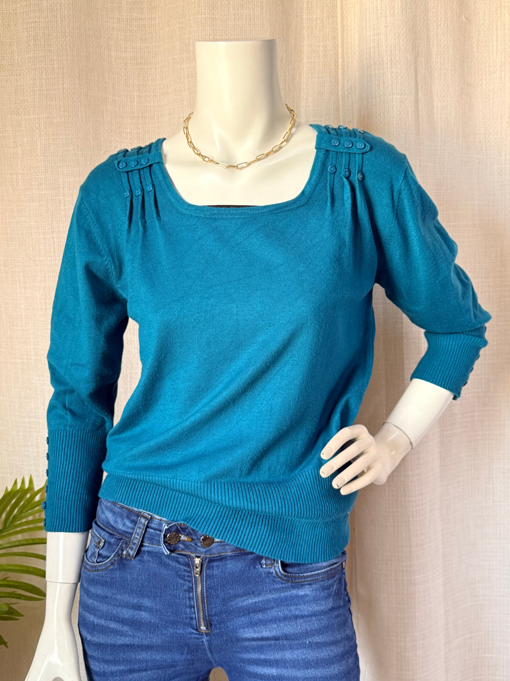 Roman Teal Button-Detail Knit Top | UK 12