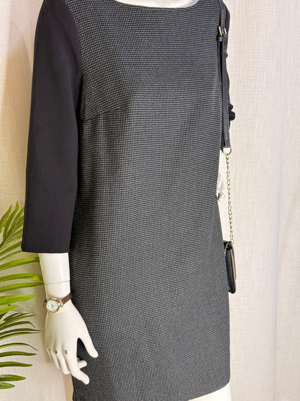 MANGO Basics Houndstooth Check Shift Dress - Black/Grey (Size L/XL)