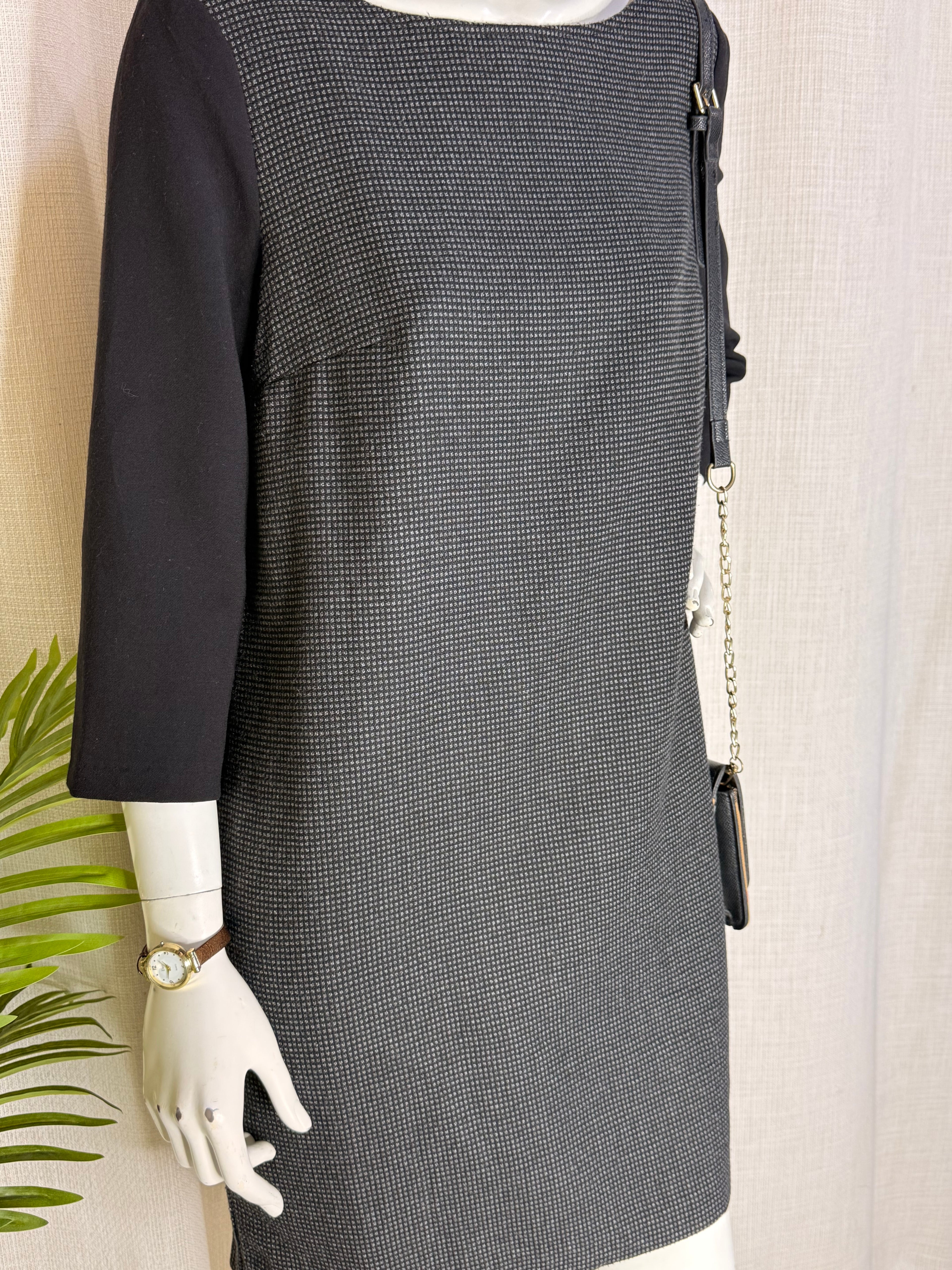 MANGO Basics Houndstooth Check Shift Dress - Black/Grey (Size L/XL)