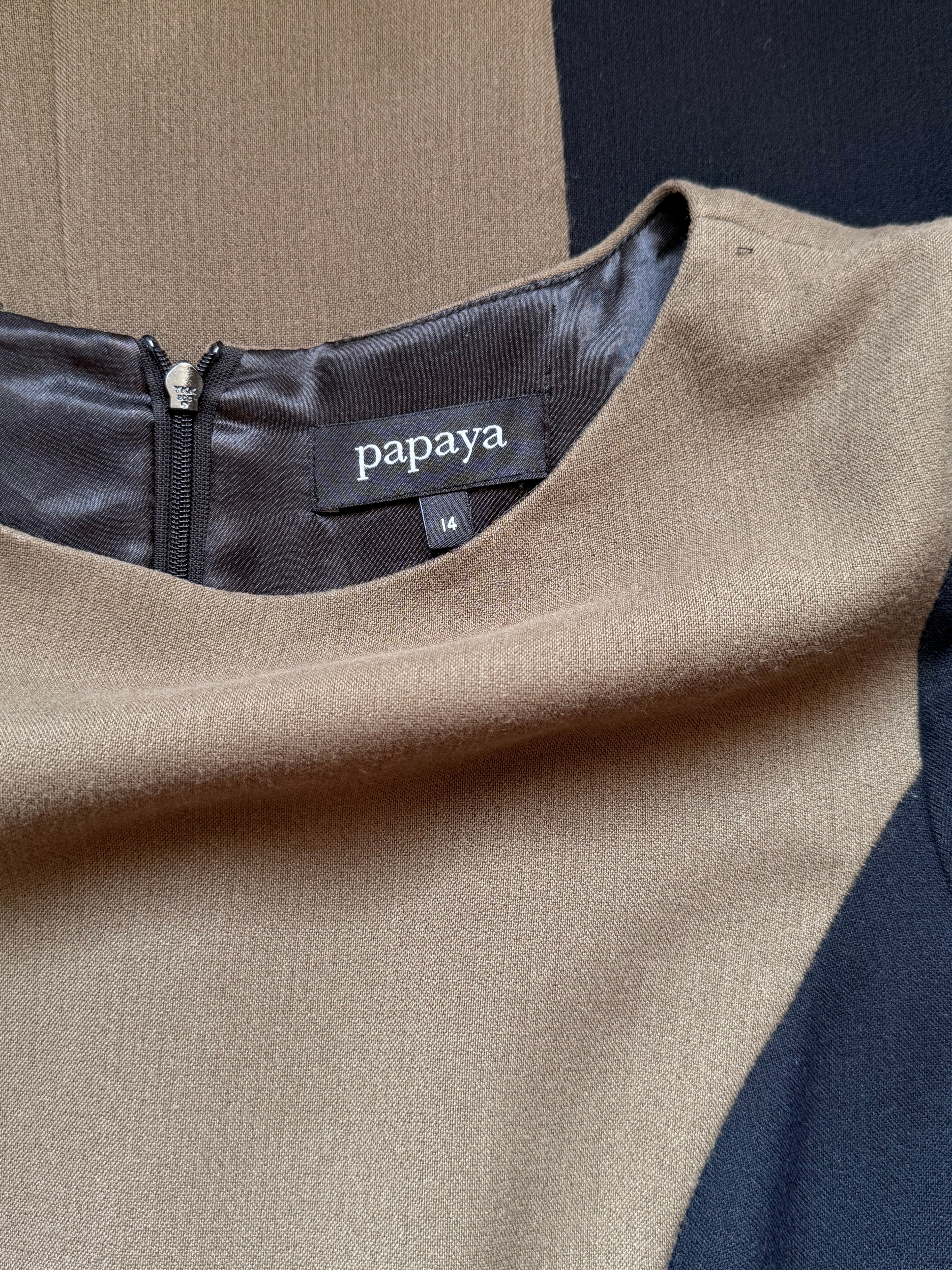 PAPAYA Color-Block Shift Dress - Khaki Green & Black (Size UK 14 / Large)