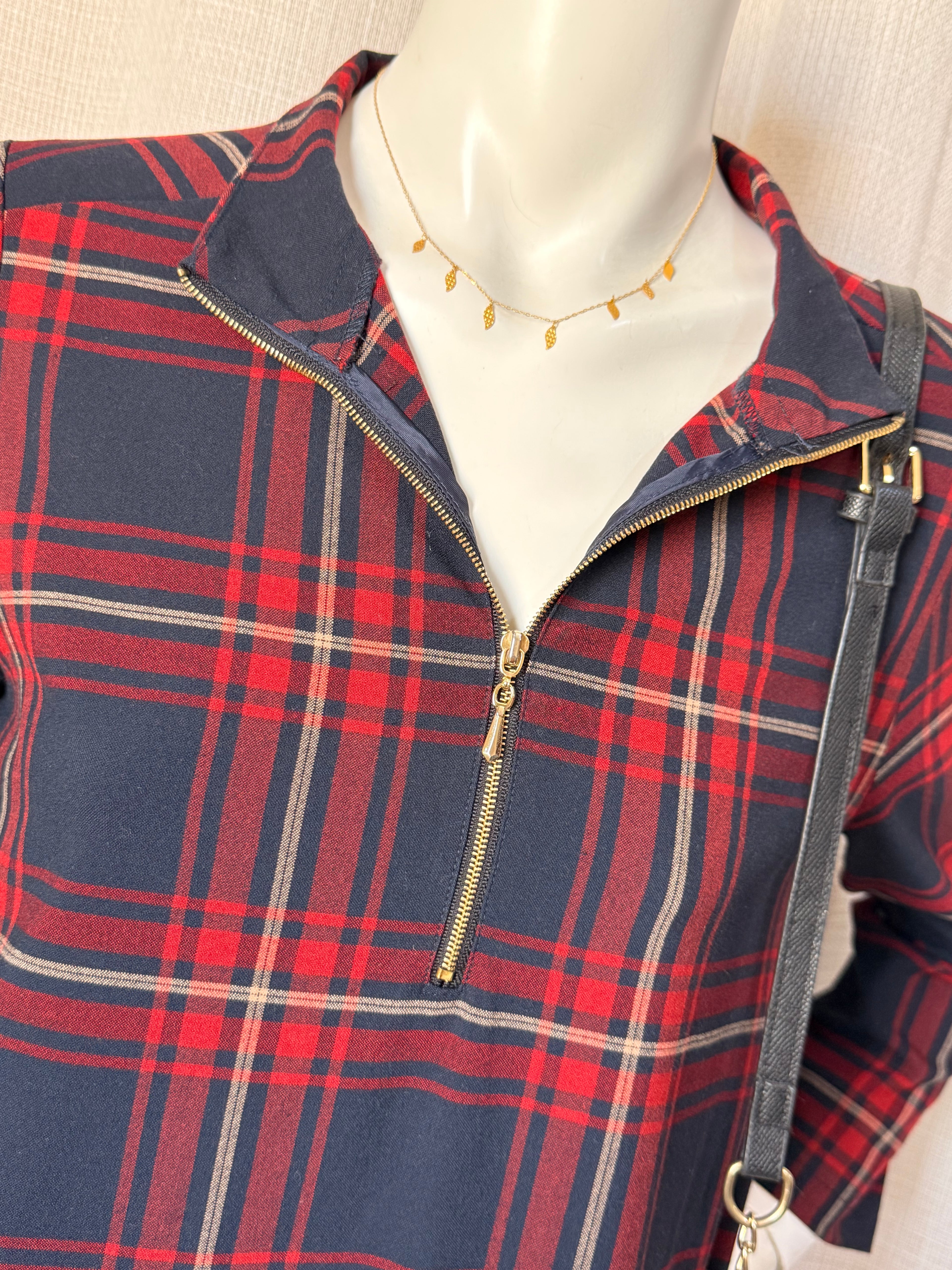 Authentic Zara Basic Navy & Red Plaid Zip Dress – Size S | Smart Casual Women’s Dress UAE