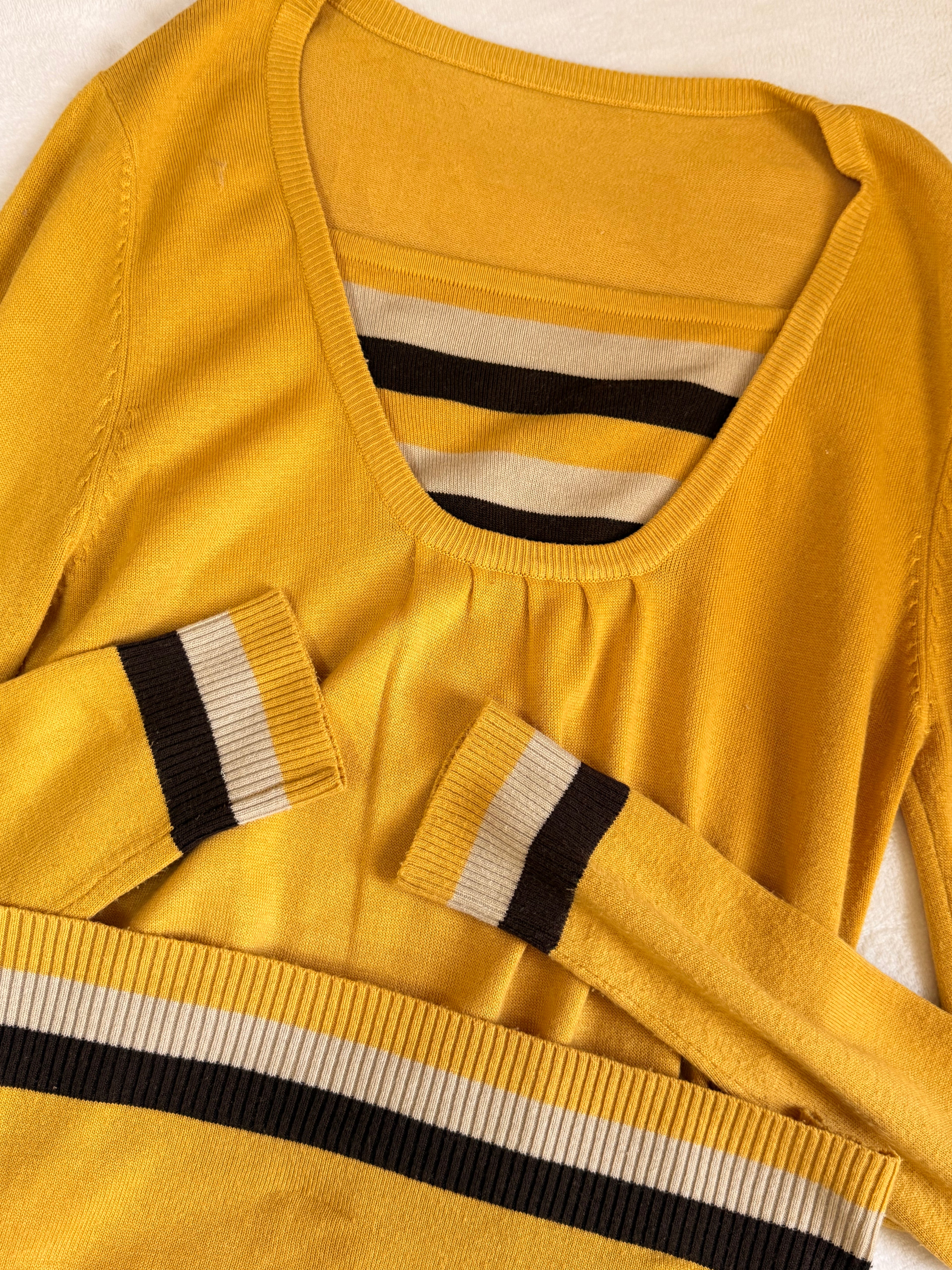 Mustard Yellow Layered-Look Striped Knit Sweater | Medium