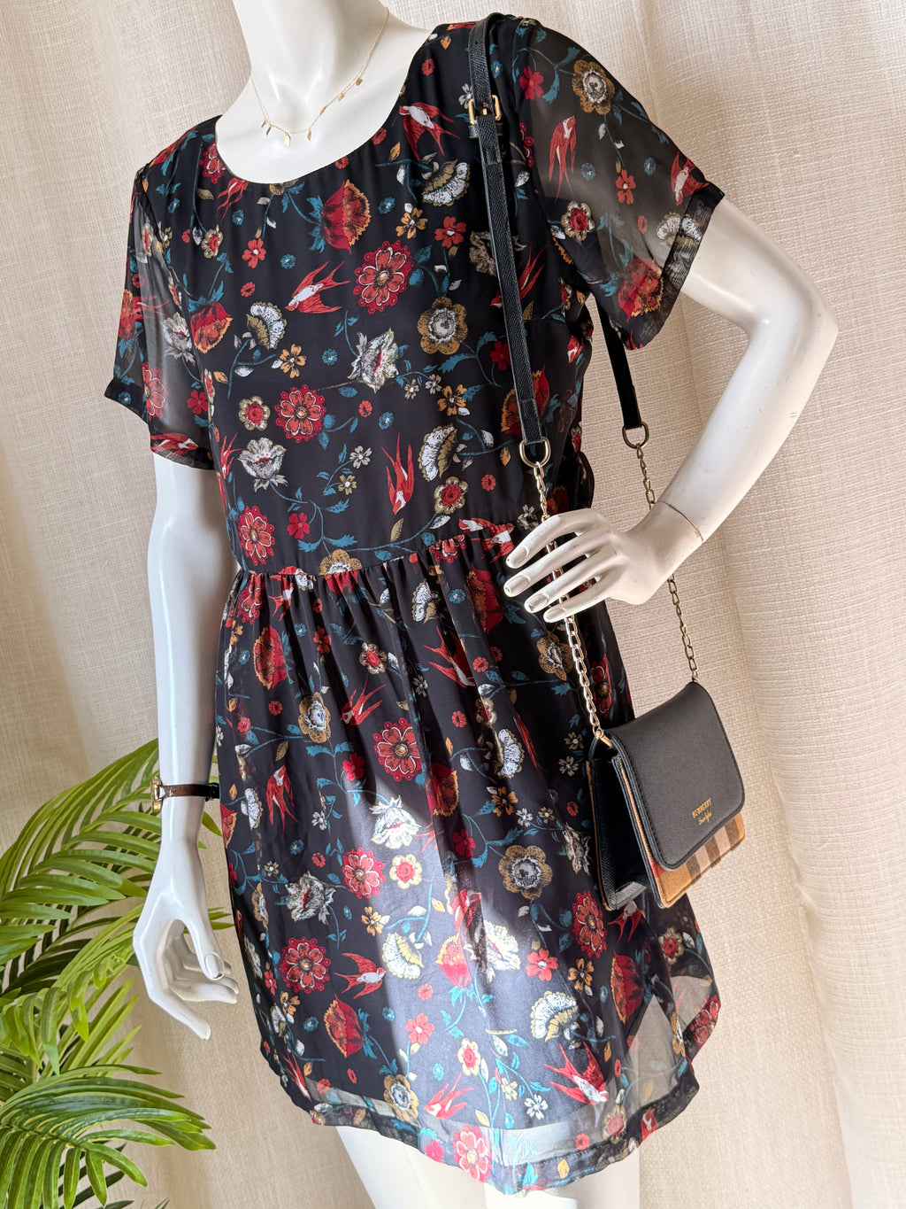 Miss Shop Floral & Bird Print Tea Dress - Swallow Motif Mini - Size 12 (M)