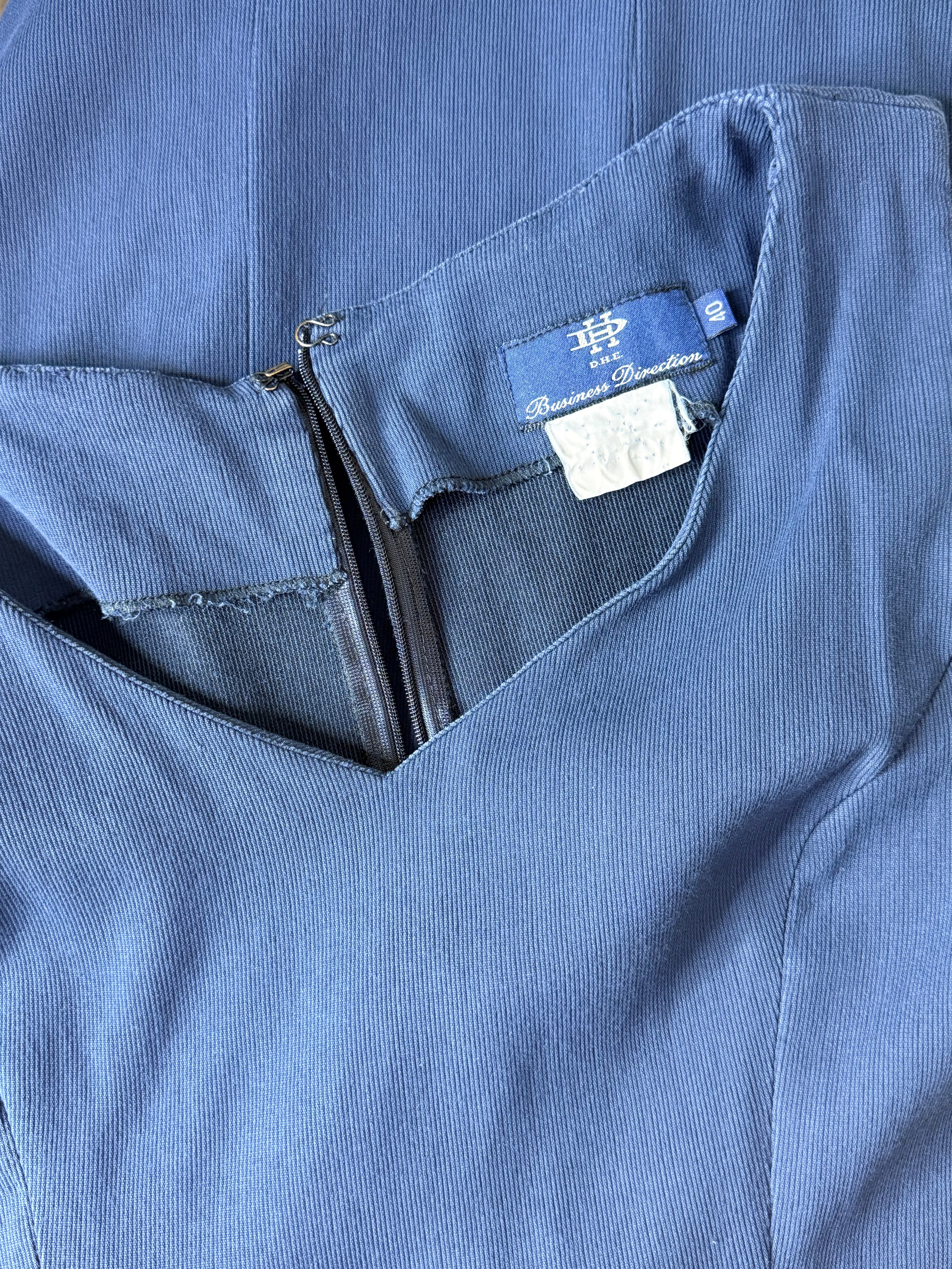 D.H.E. Business Direction Slate Blue Ribbed V-Neck Mini Shift Dress – Size M / UK 10
