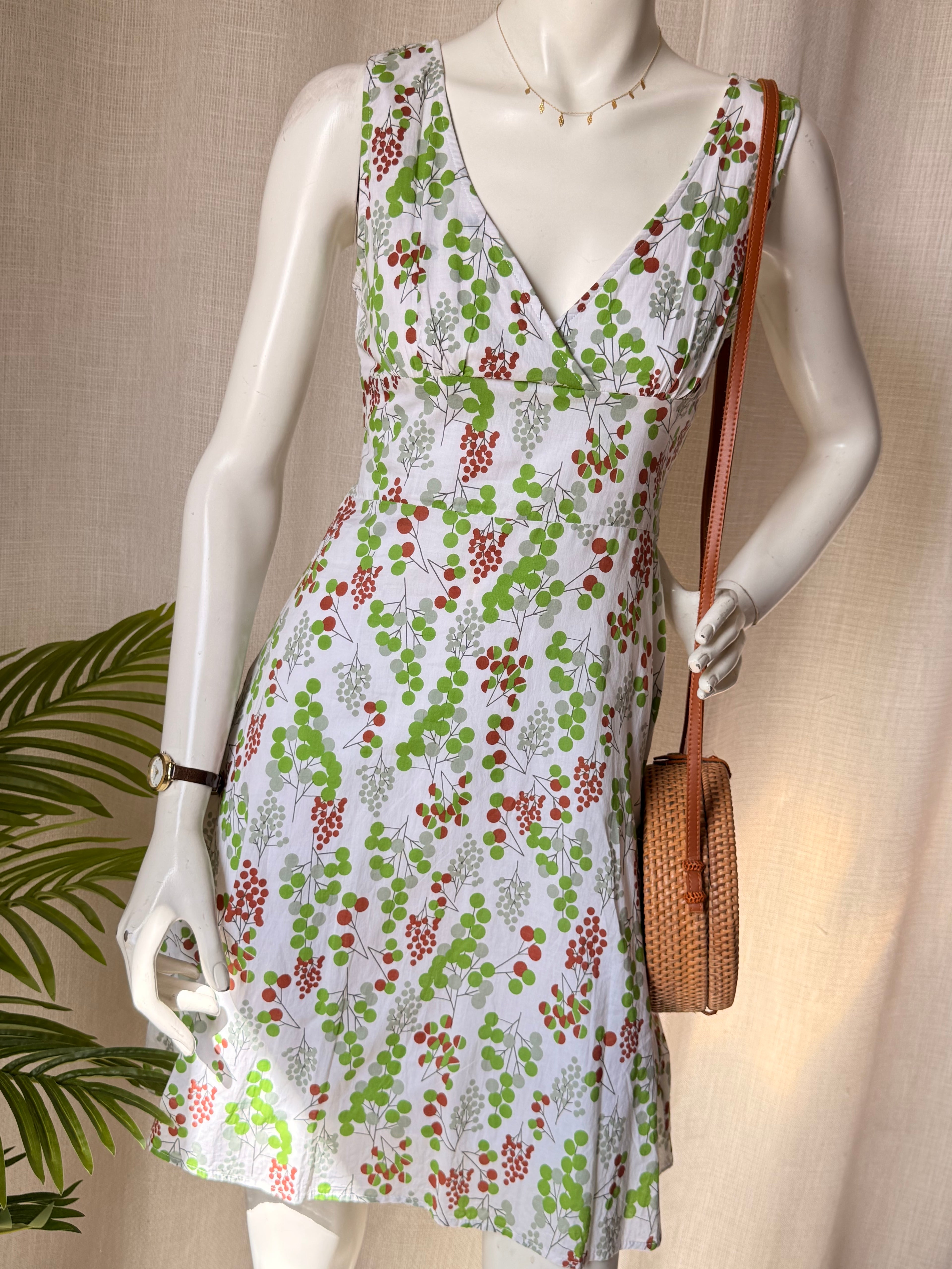Twenty One Botanical Print Sundress - V-Neck Empire Waist - Green & Terracotta - Size XS/S