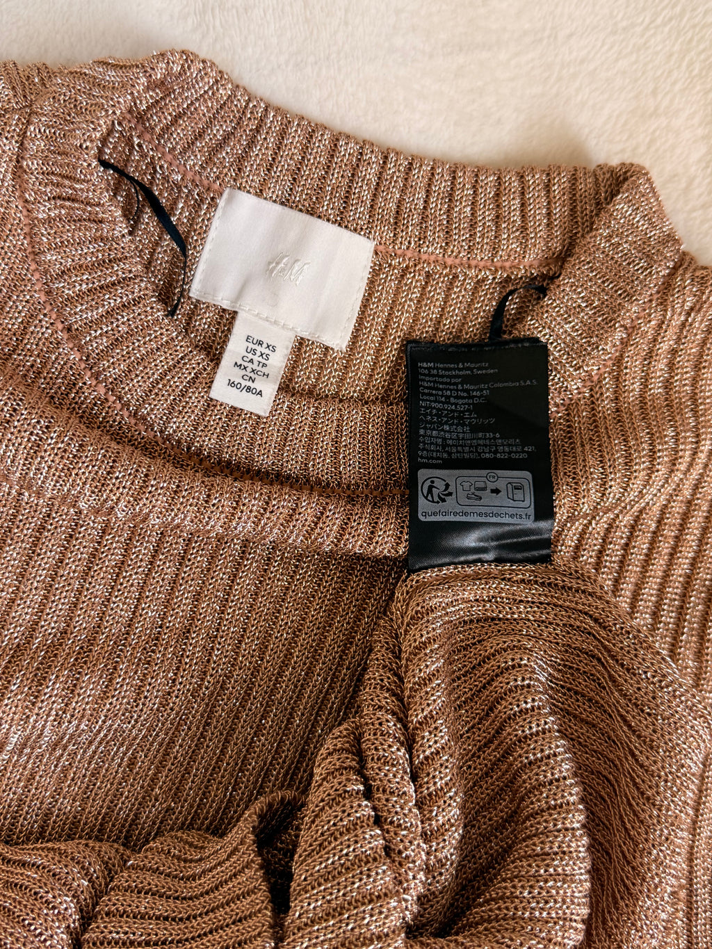 H&M Rose Gold Metallic Ribbed Knit Top - Size XS