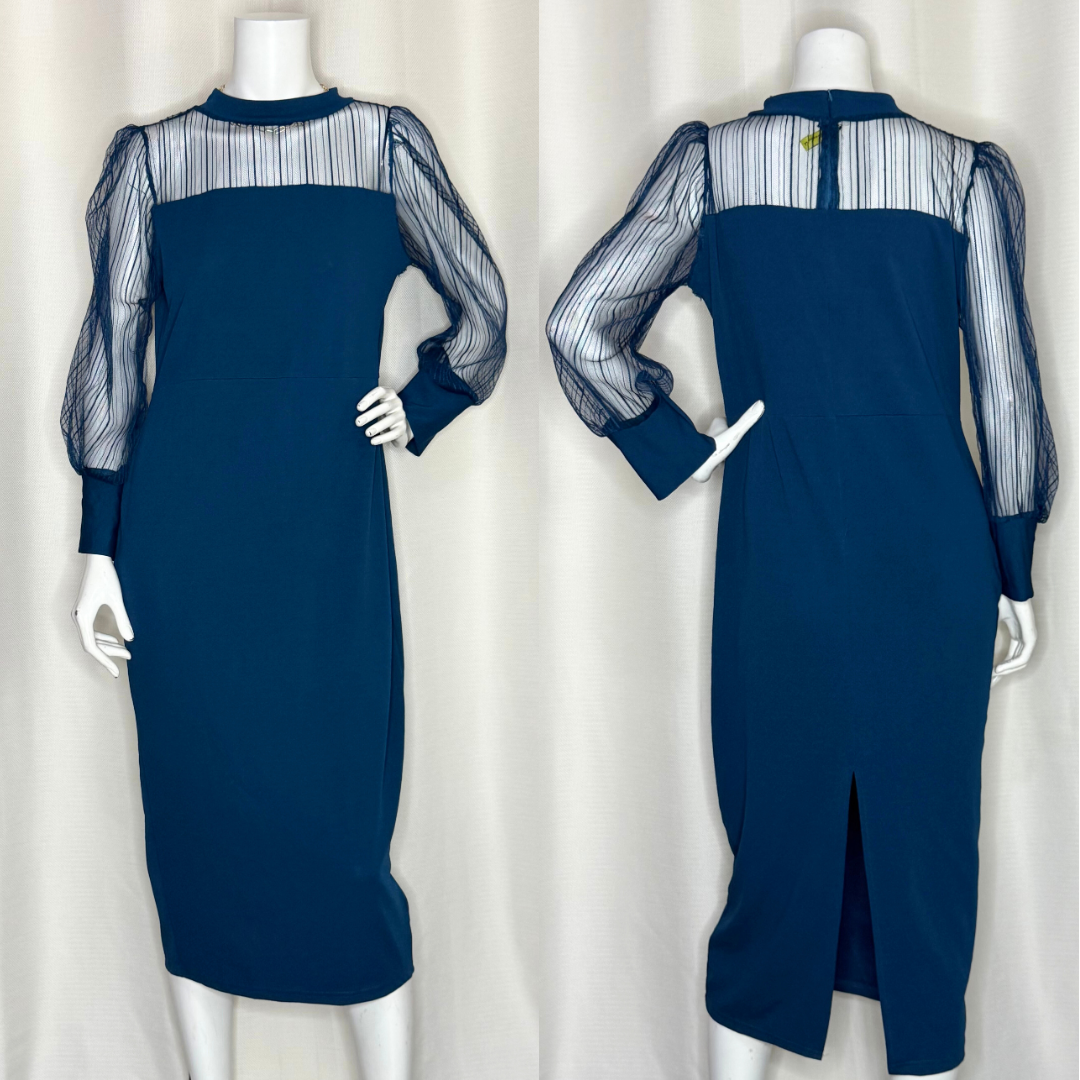 Sheer-Sleeve Teal Midi Dress (Large)