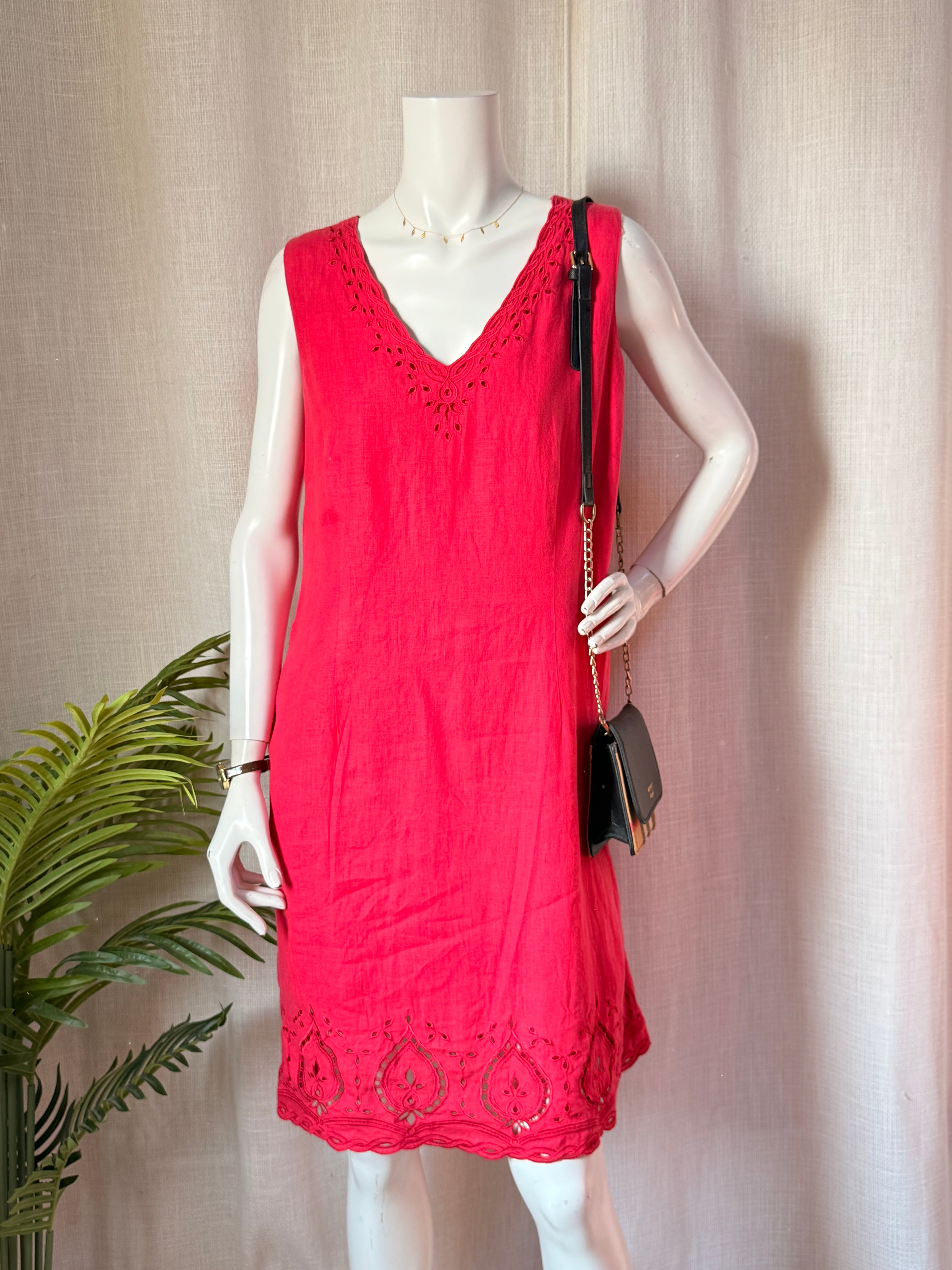 Punto Roma Red Linen Blend Embroidered Midi Shift Dress – EU 46 | UK 18