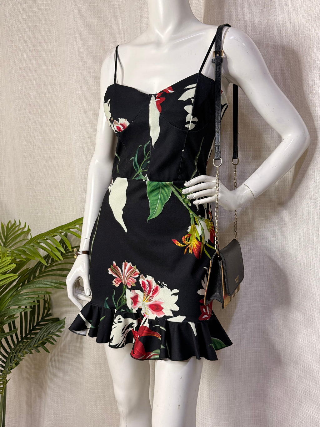 Style D'Amour Tropical Floral Sweetheart Ruffle Mini Dress - Size UK 12 - Medium