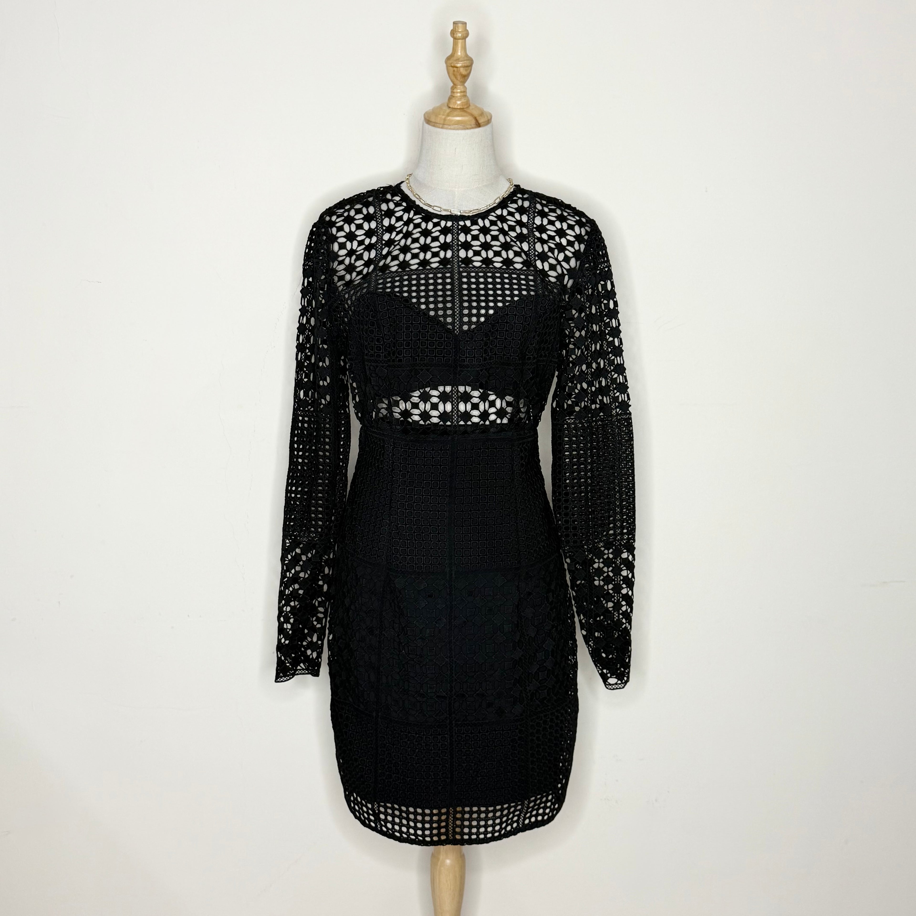 Kookai Black Lace Long-Sleeve Mini Dress with Open Back (Like New)