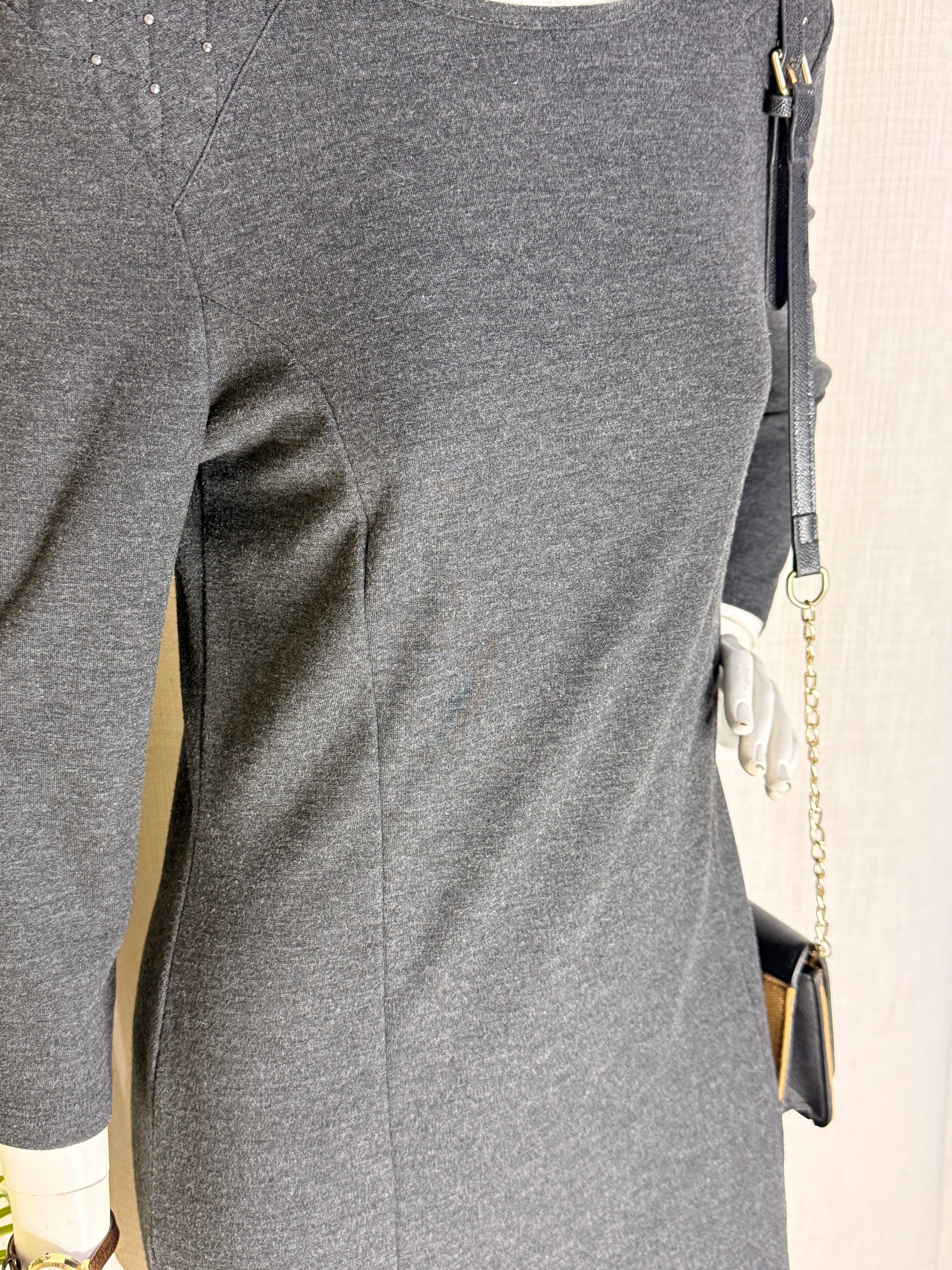 Charcoal Grey 3/4 Sleeve Sheath Dress with Studded Shoulder Details (Good Condition)