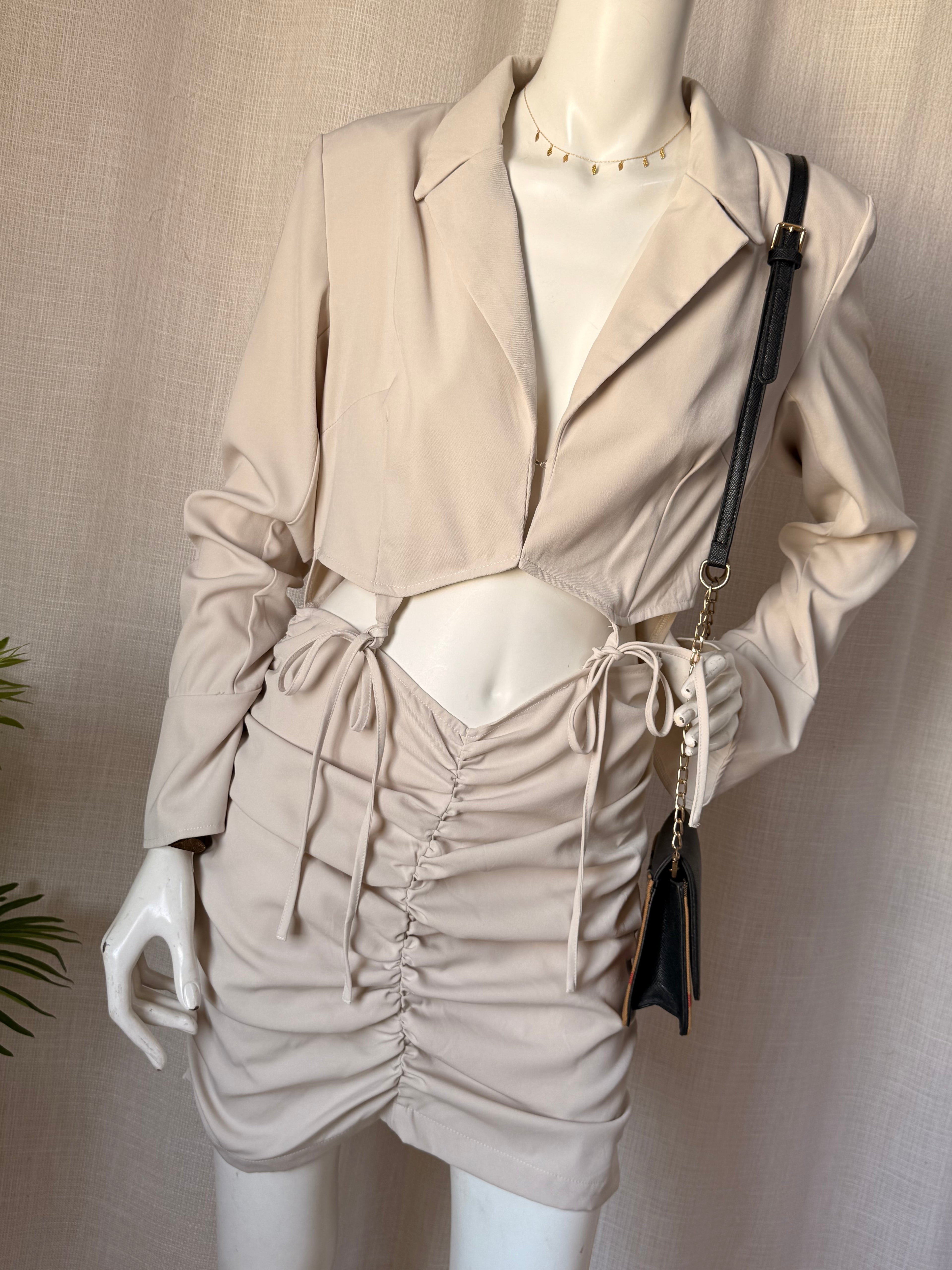 PrettyLittleThing Stone Cut-Out Blazer Style Ruched Mini Dress | UK 14