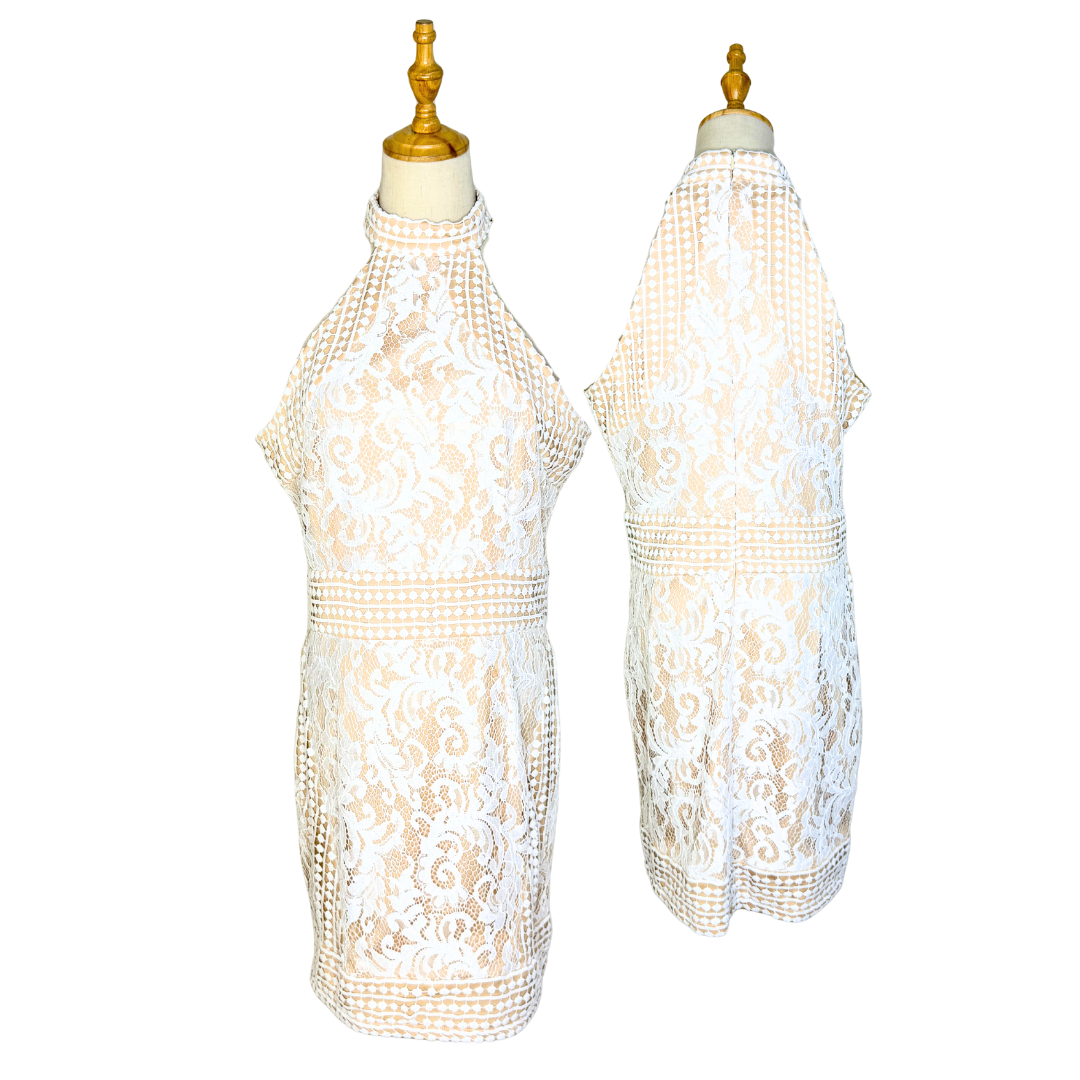 PrettyLittleThing Cream Lace Halterneck Bodycon Dress | UK 14