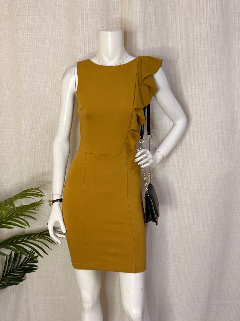 Fornarina Mustard Yellow Ruffle Shoulder Fitted Mini Dress – Size S / UK 8