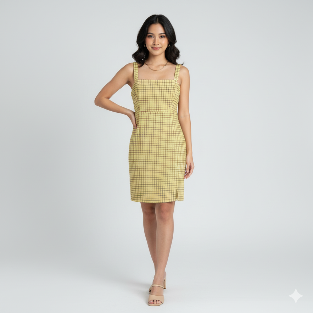 Hollister Yellow Plaid Mini Dress with Square Neck | SMALL