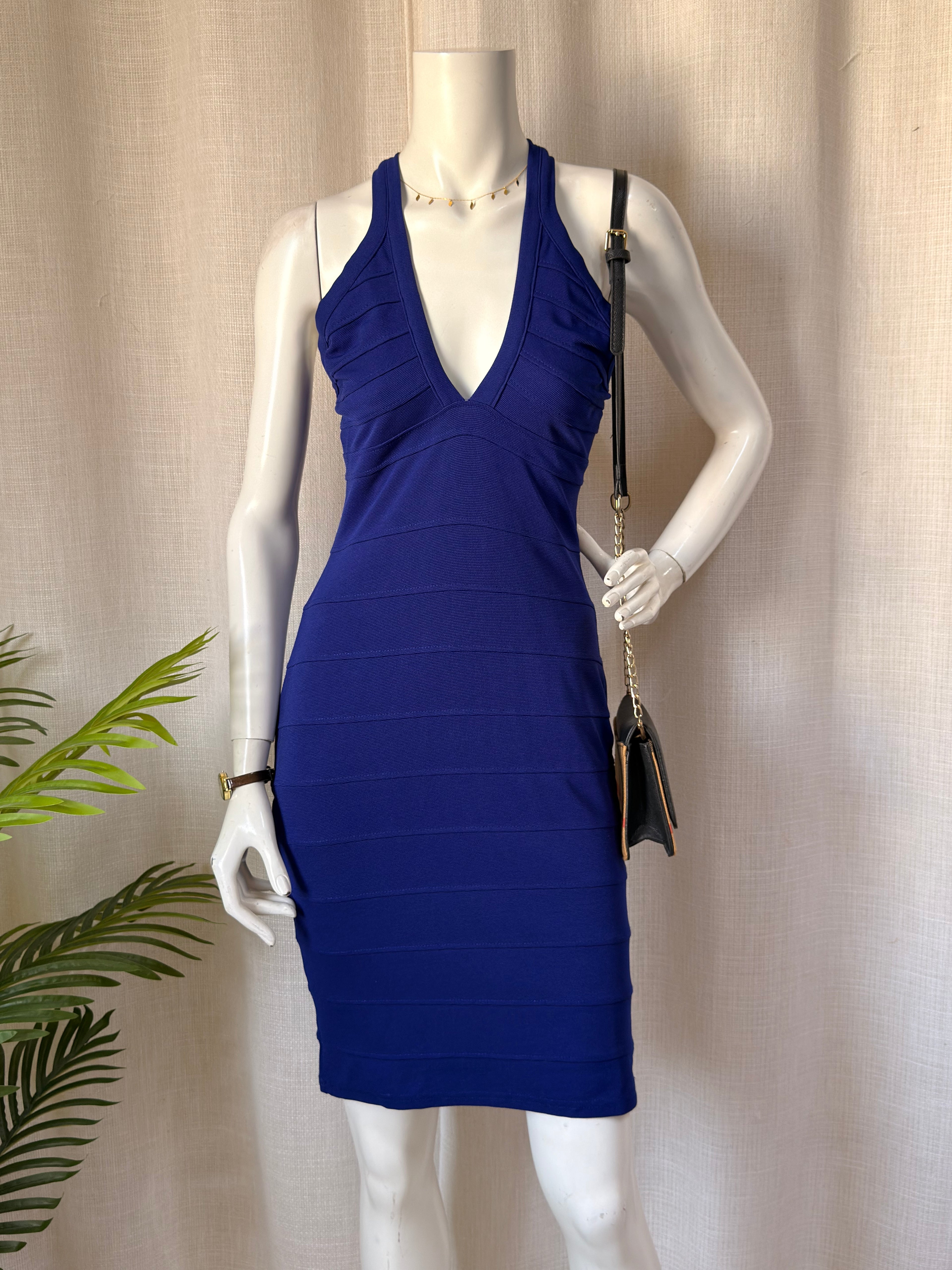 Miusol Royal Blue Bandage Bodycon Dress - Size L - Halter Neck Evening Wear