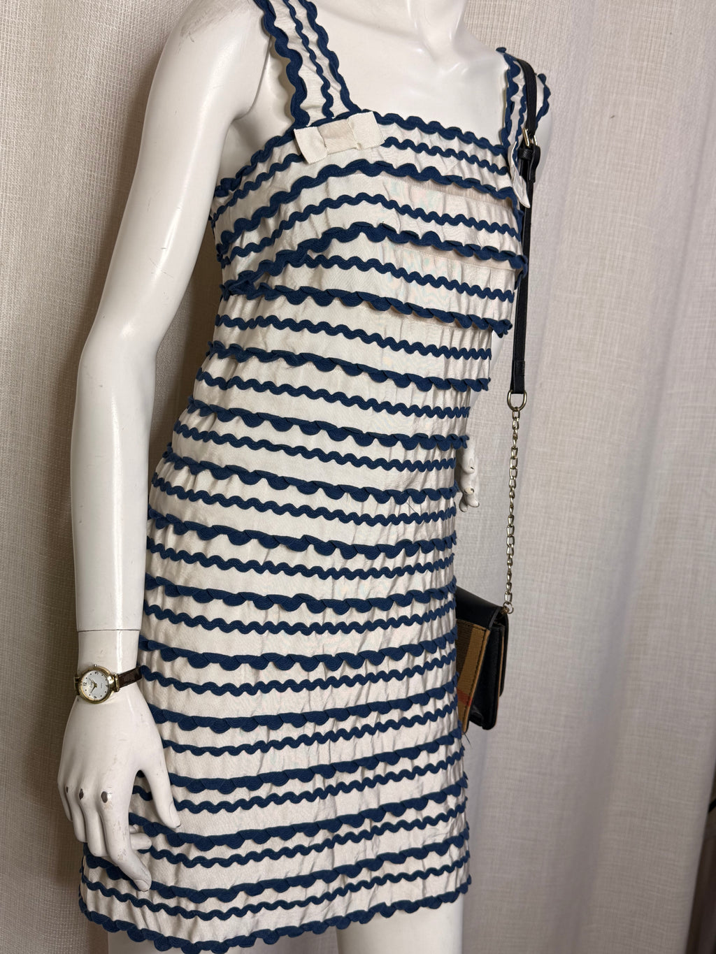 Vintage French Connection Cream & Navy Blue Ric-Rac Textured Mini Dress - Size UK 10 - Medium