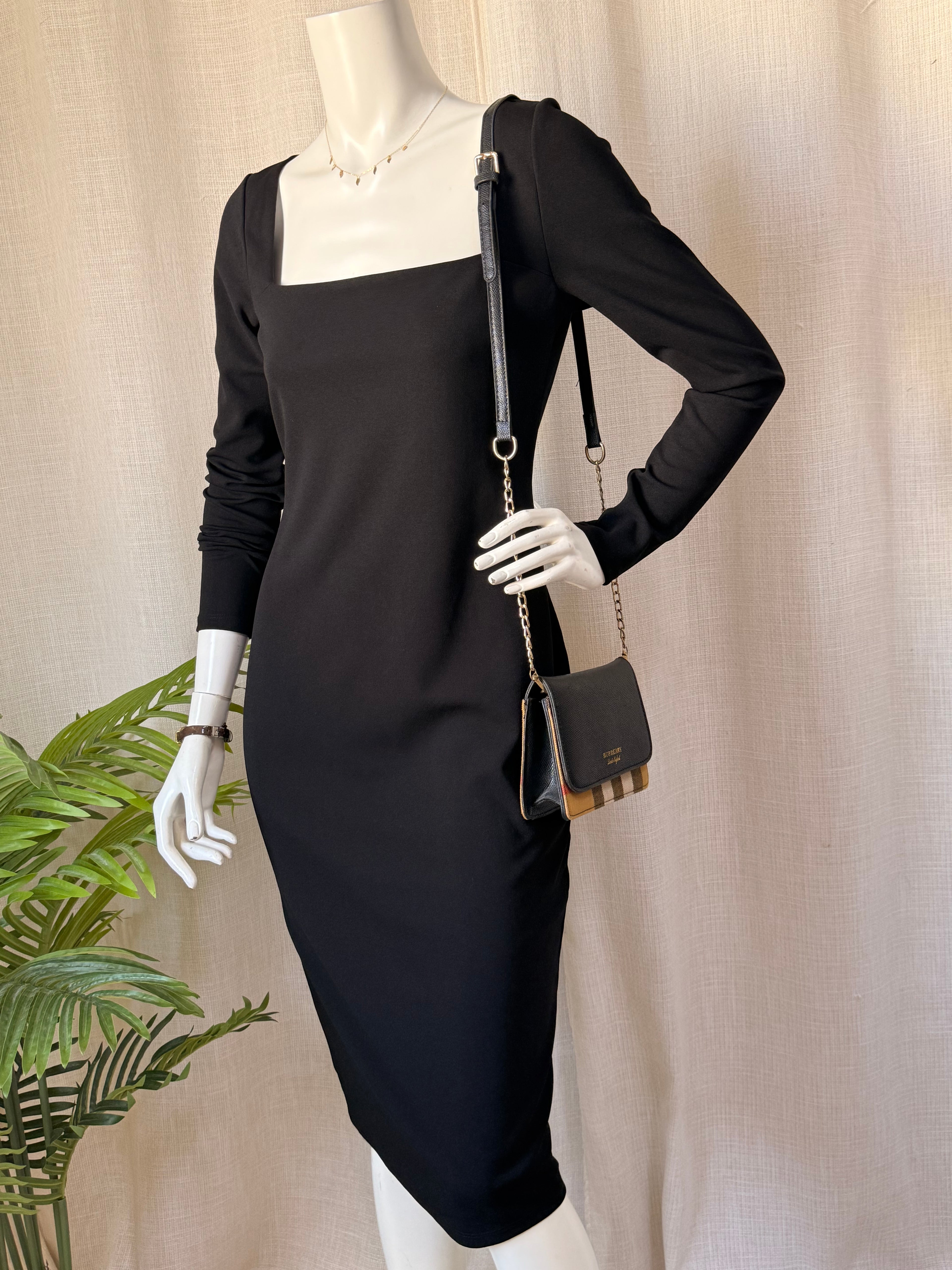 Elegant Square Neck Black Midi Dress with Side Slit