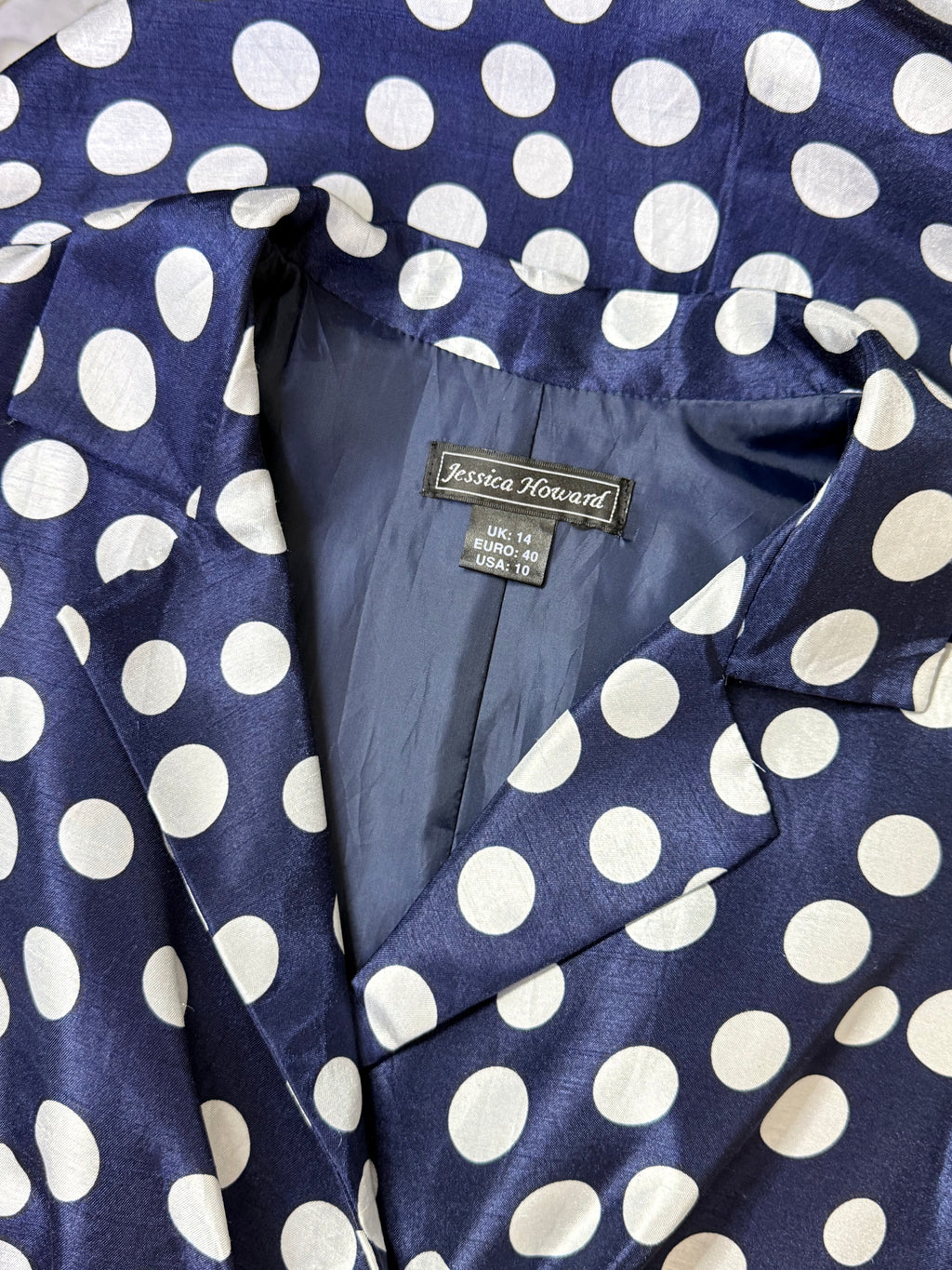 Jessica Howard Navy & White Polka Dot Lapel Wrap Midi Dress – Size UK 14 / US 10 | Large