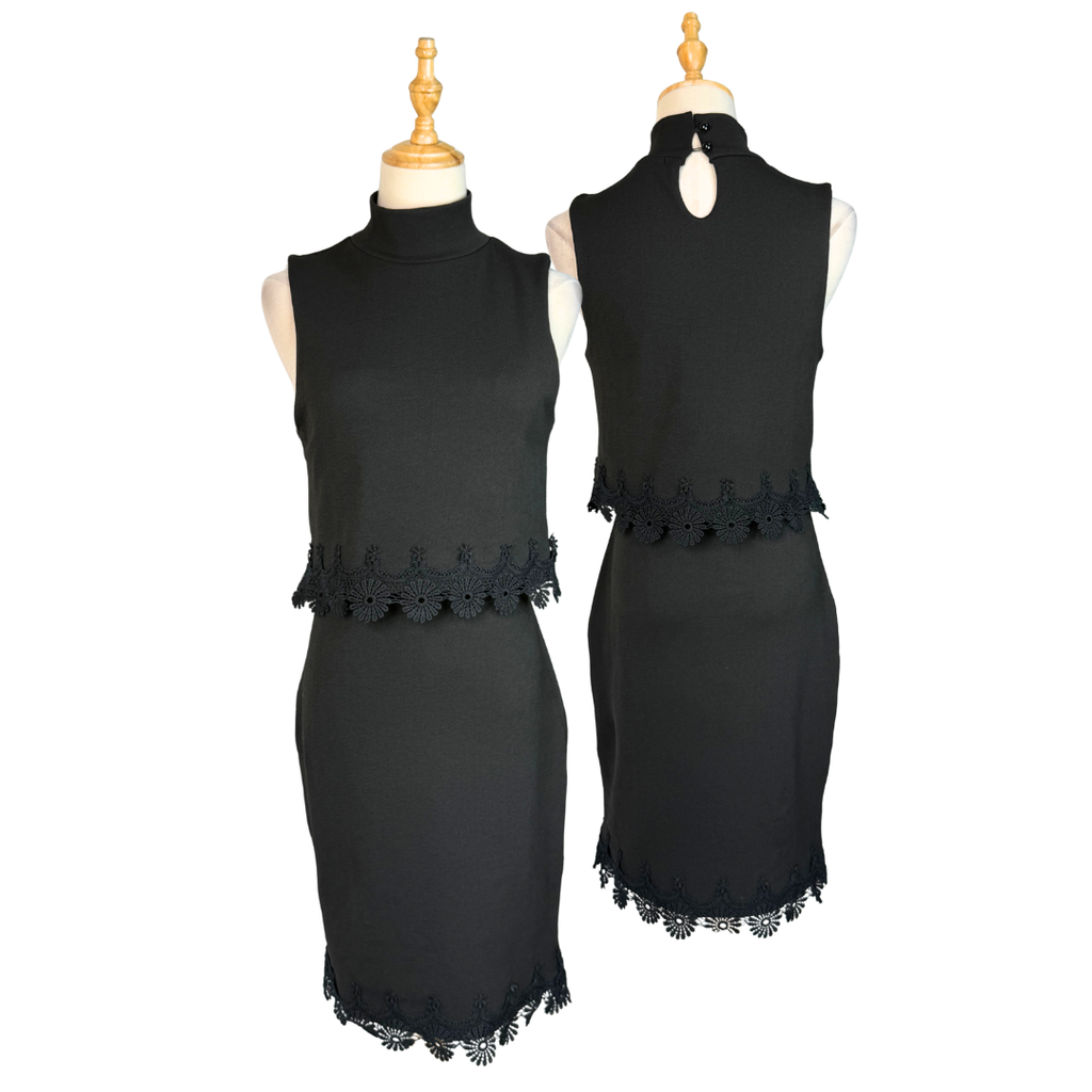 Black High-Neck Layered Lace-Trim Dress | UK 6 (Preloved)