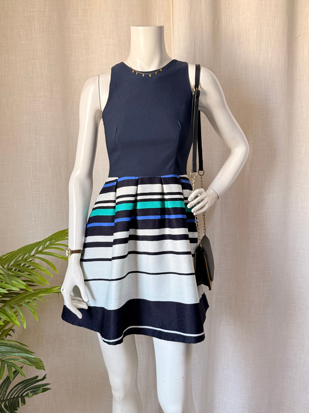 Navy Sleeveless Skater Dress with Vibrant Striped Pleated Skirt - Small