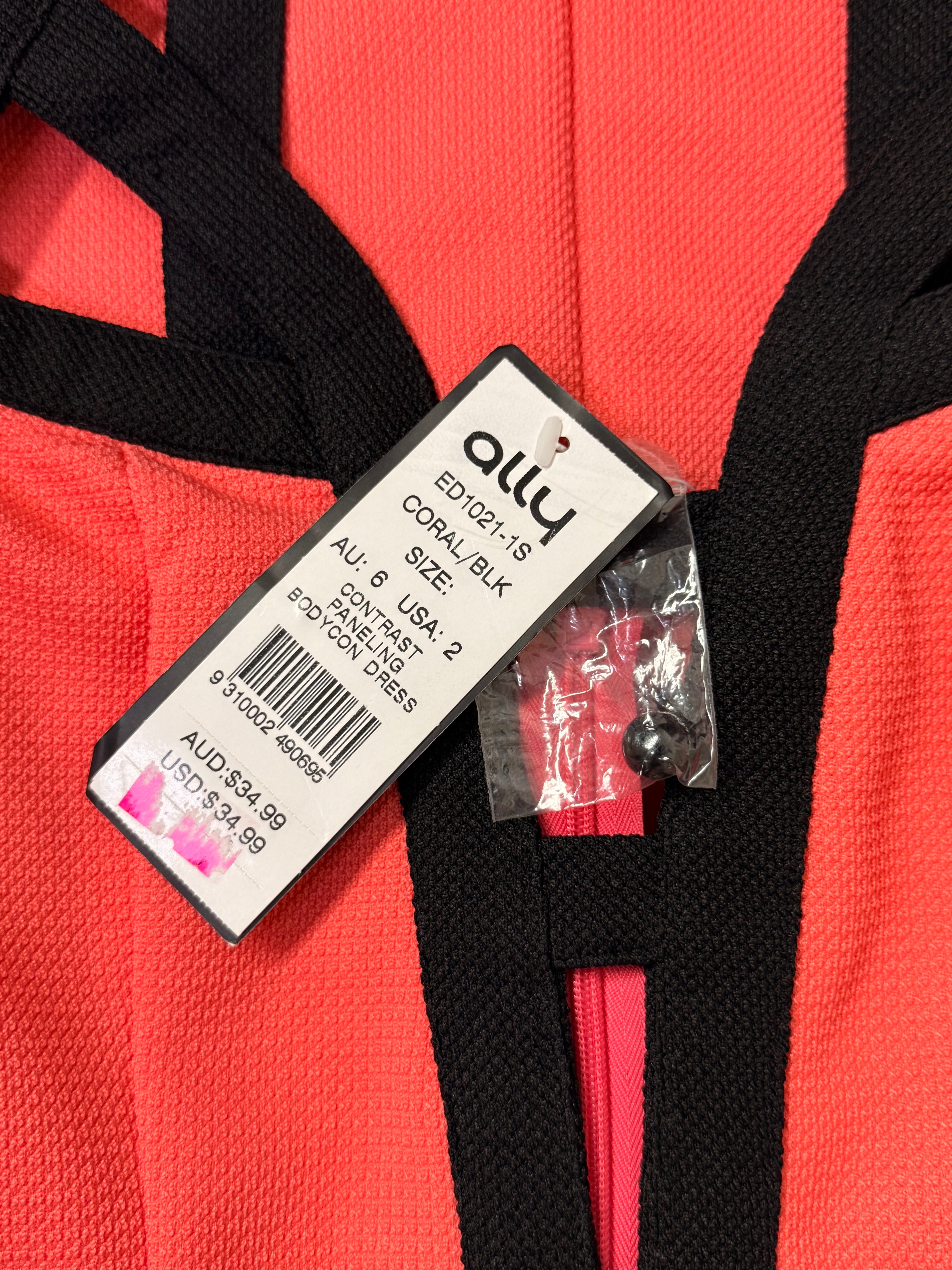 Ally Fashion Coral & Black Contrast Paneling Cutout Bodycon Dress – Size XS / UK 6 | NWT