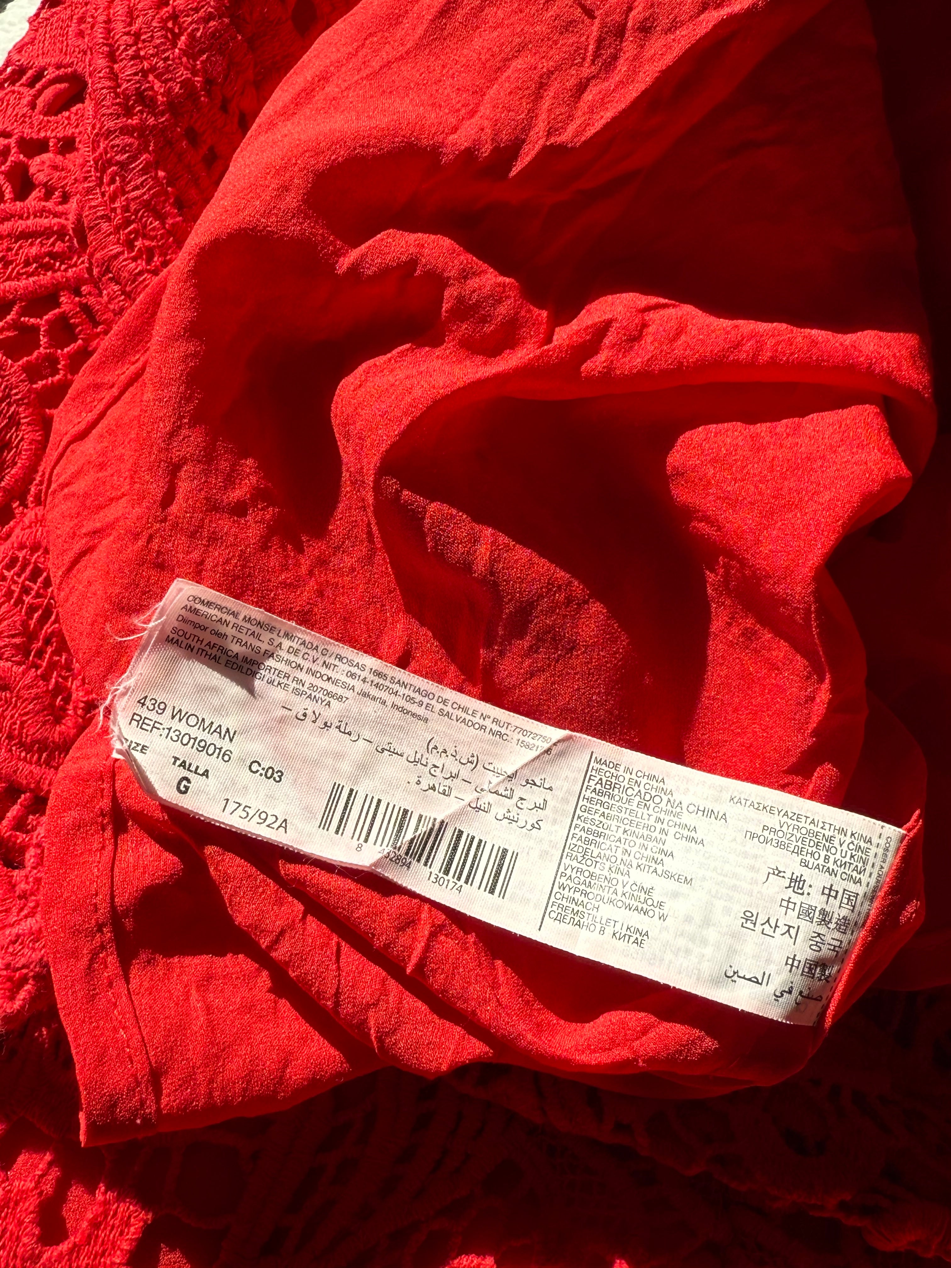 Striking Red Elegance: Pre-loved MANGO Lace Dress (Large)