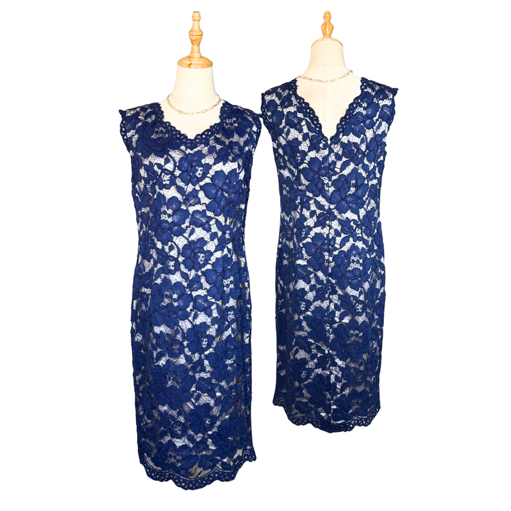 Jacques Vert Navy Lace V-Neck Dress | UK 14 (Preloved)