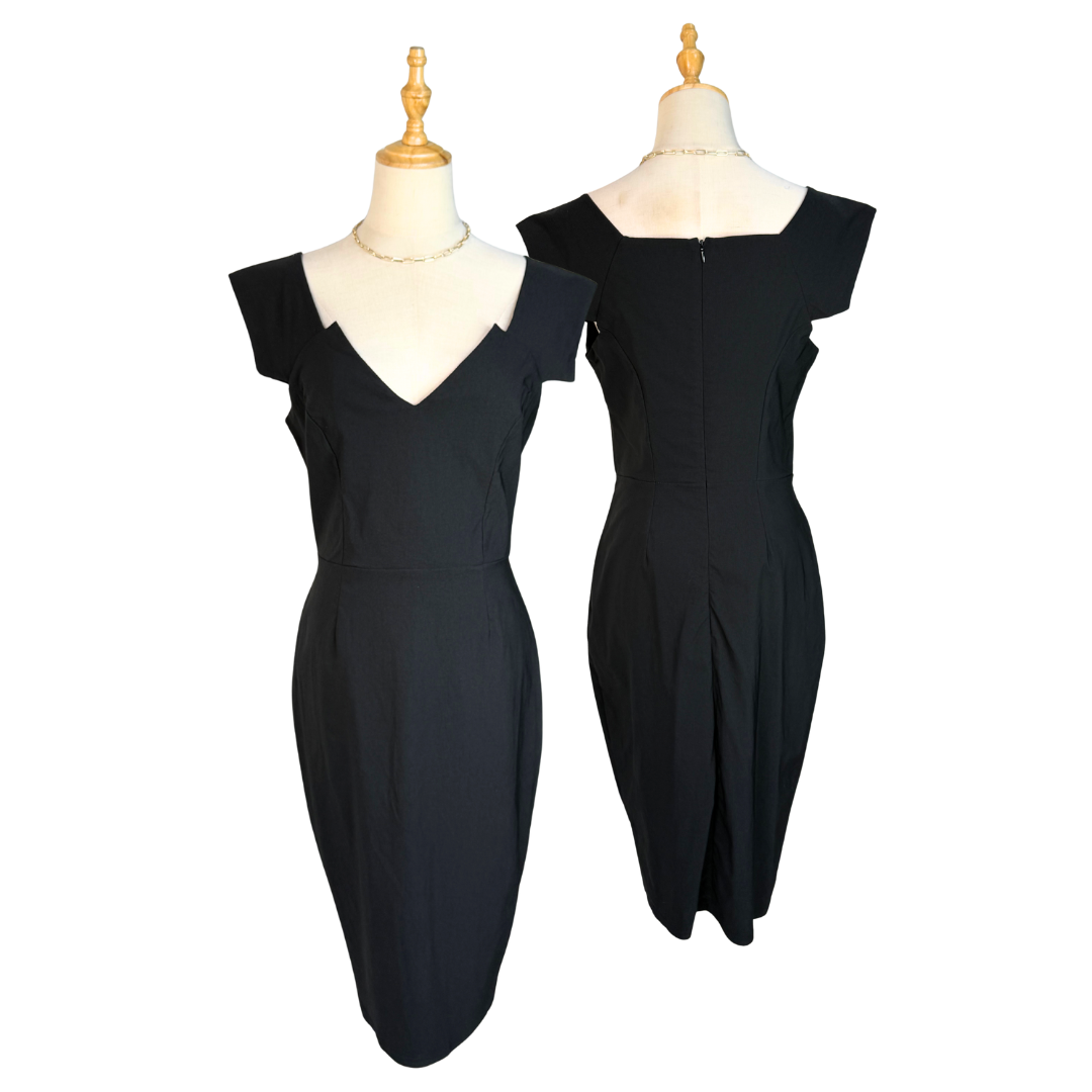 CITY GODDESS LONDON Black Structured V-Neck Pencil Dress | UK 14 (Preloved)