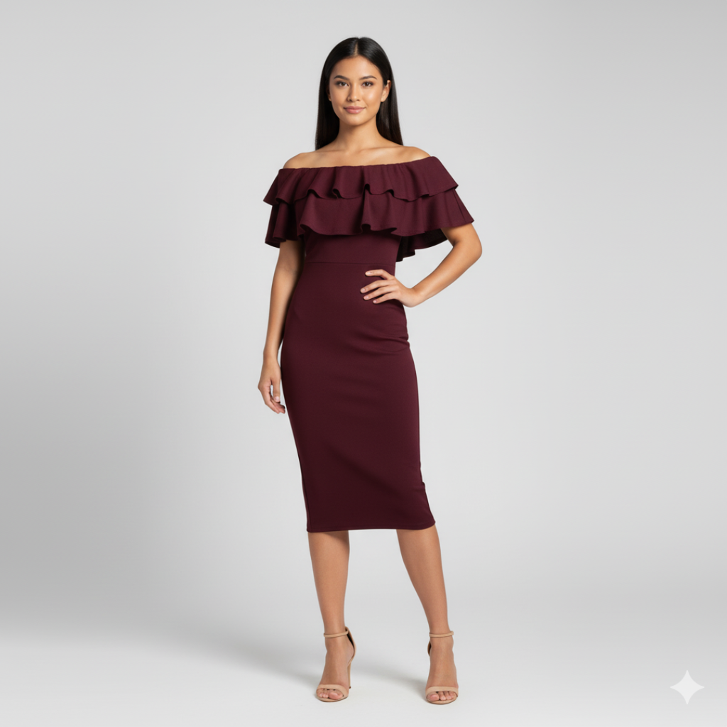 Elegant Boohoo Night Off-Shoulder Ruffle Midi Dress | UK 8