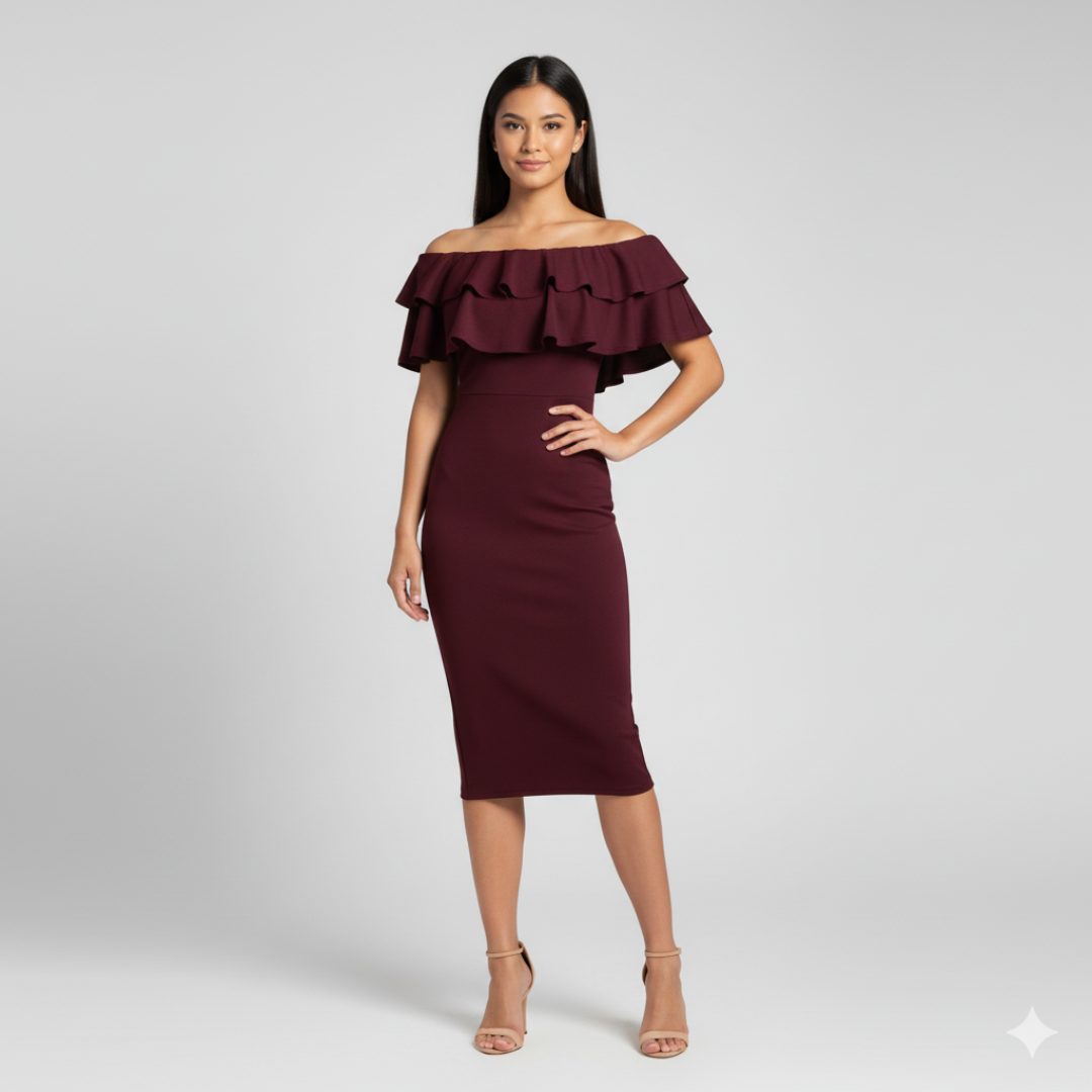 Elegant Boohoo Night Off-Shoulder Ruffle Midi Dress | UK 8