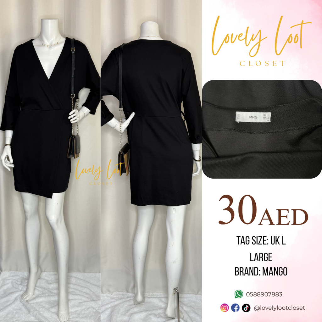 Black dress on a mannequin with 'Lovely Loot Closet' branding, showing front and back views.