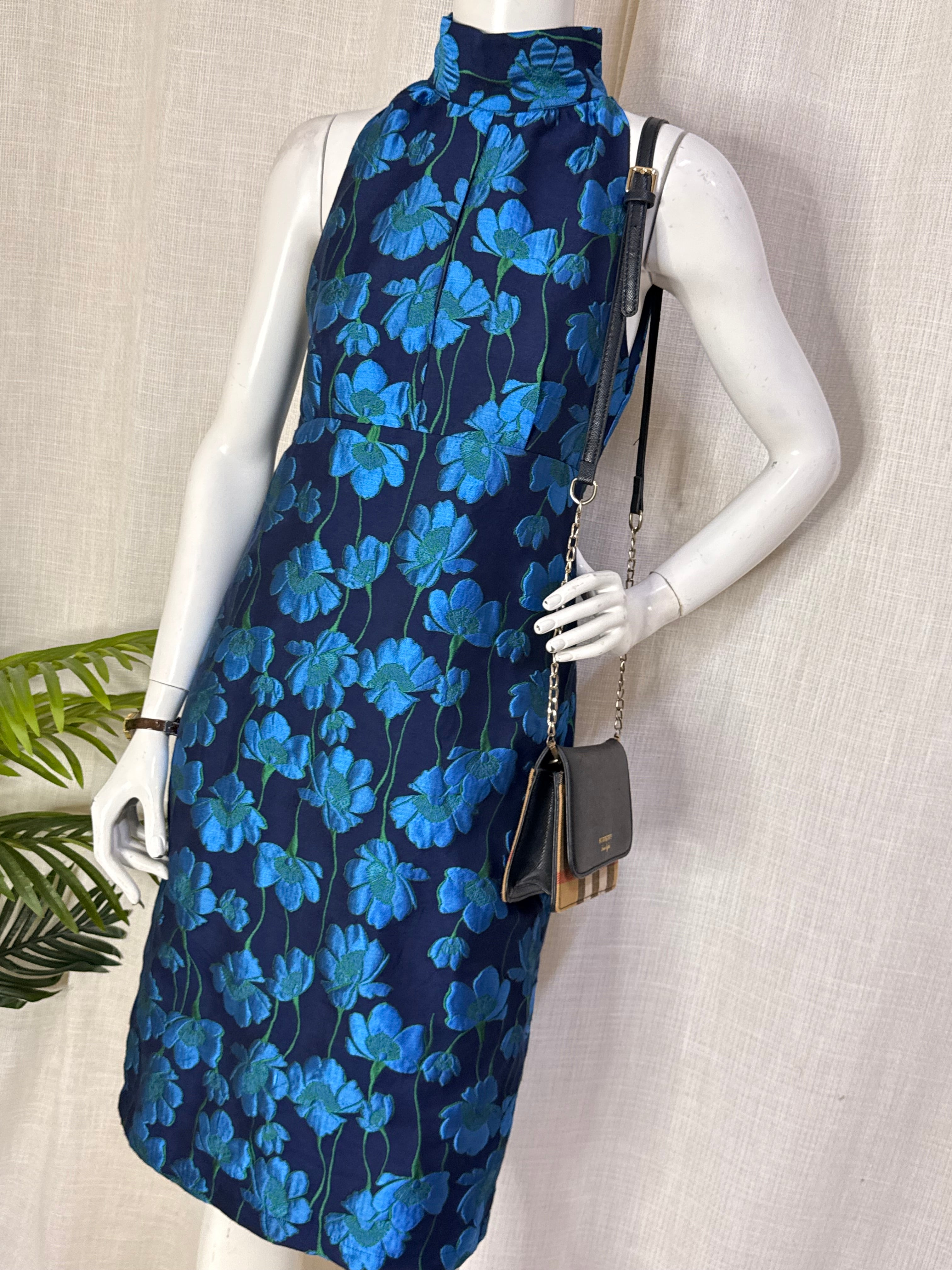 Luxury Navy & Teal Floral Brocade Halter Mock Neck Midi Dress – UK 10 / Medium
