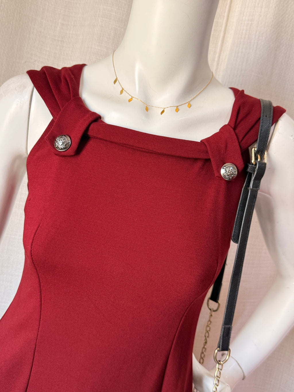 J&G Burgundy Red Square Neck Mini Dress with Engraved Buttons (Size S/M)