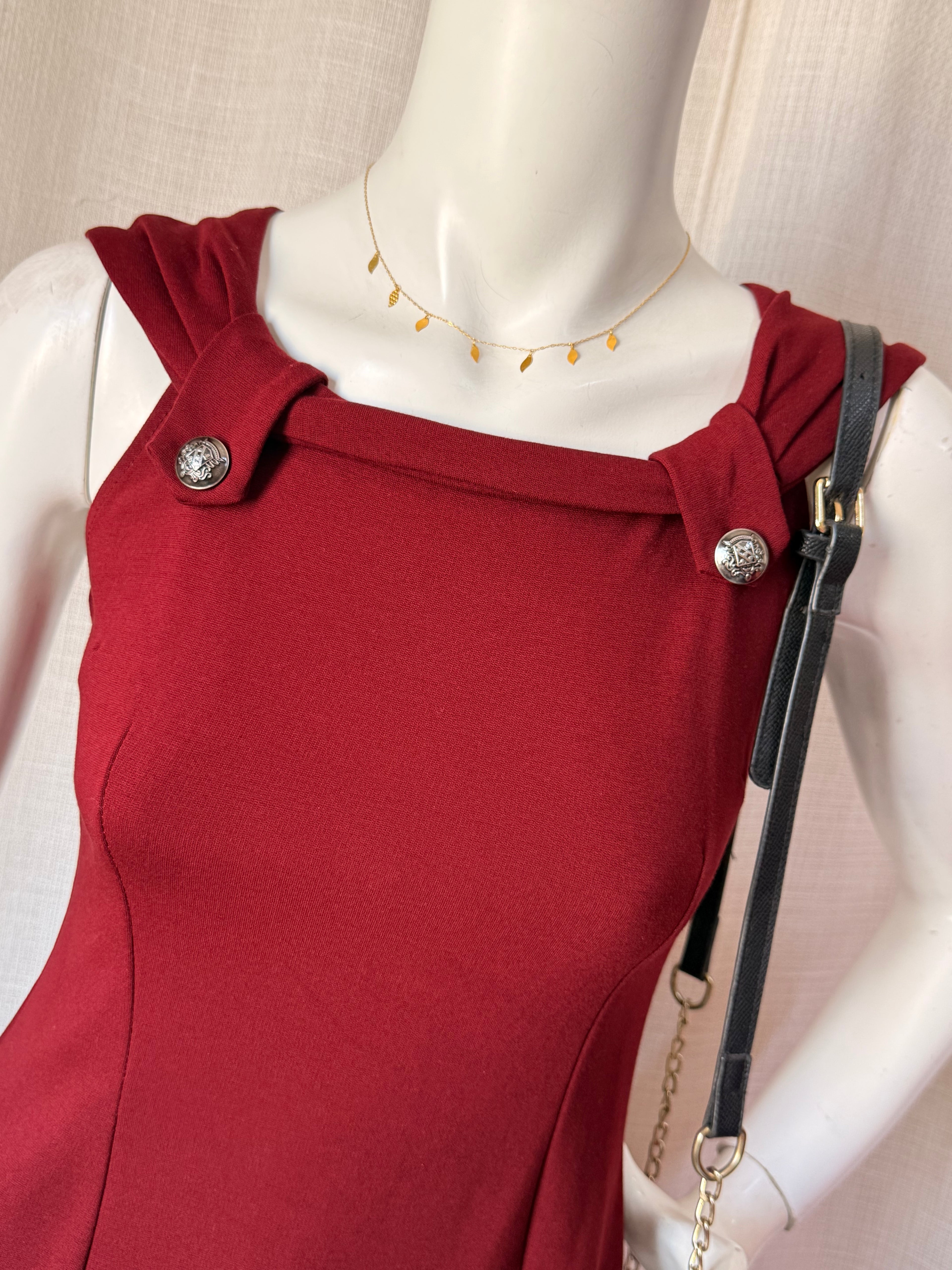 J&G Burgundy Red Square Neck Mini Dress with Engraved Buttons (Size S/M)
