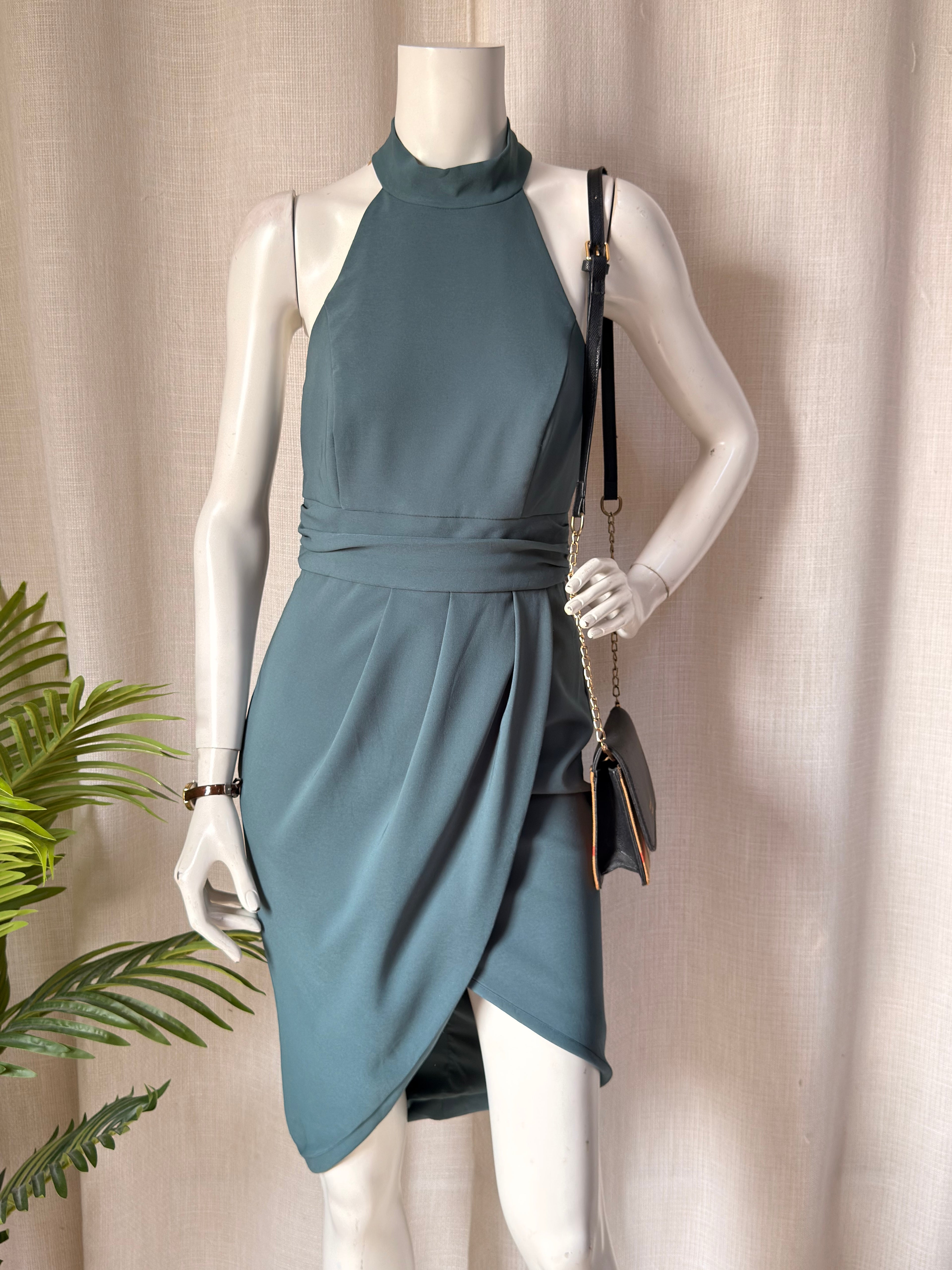 Lavish Alice Slate Green Halter High-Neck Wrap Midi Dress – Size UK 8 / US 4 | Elegant Cocktail & Evening Party Dress