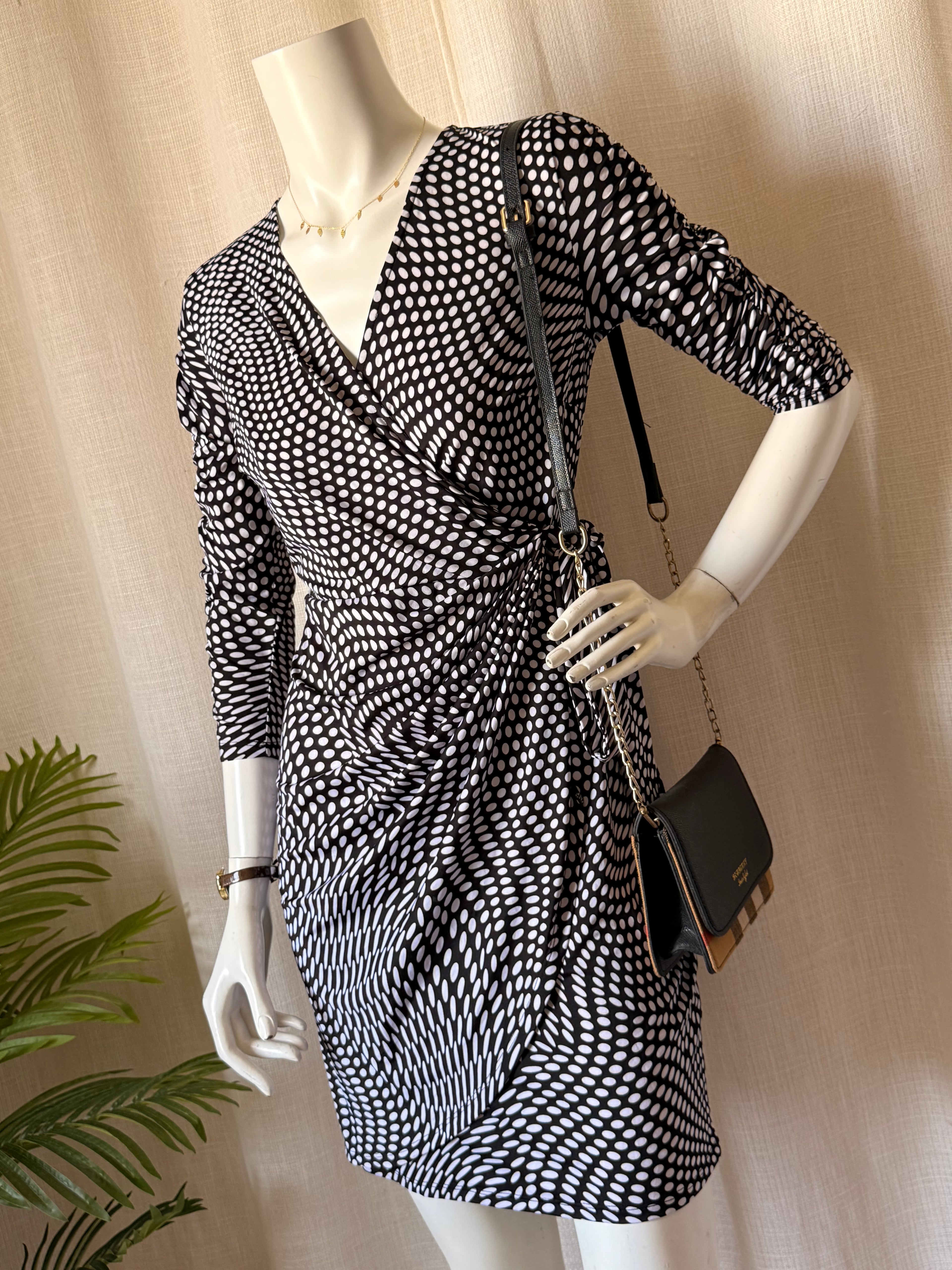 INC International Concepts Petite Black & White Dot Wrap Dress - Ruched - Size PS
