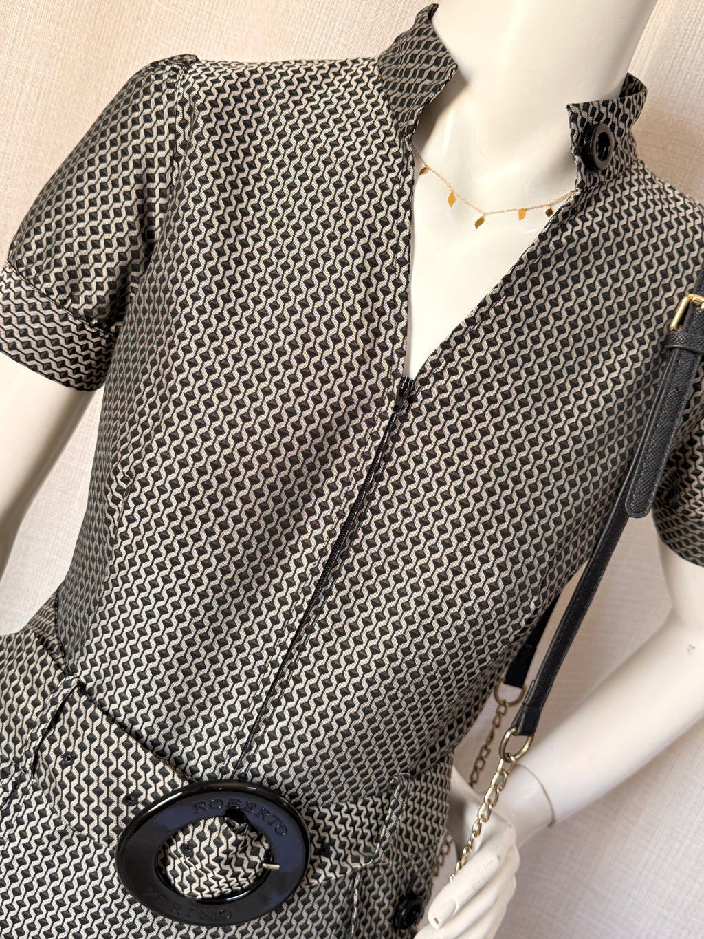 Authentic Roberto Verino Geometric Belted Dress – Size M (Bust 34”) | Luxury Designer Dress UAE