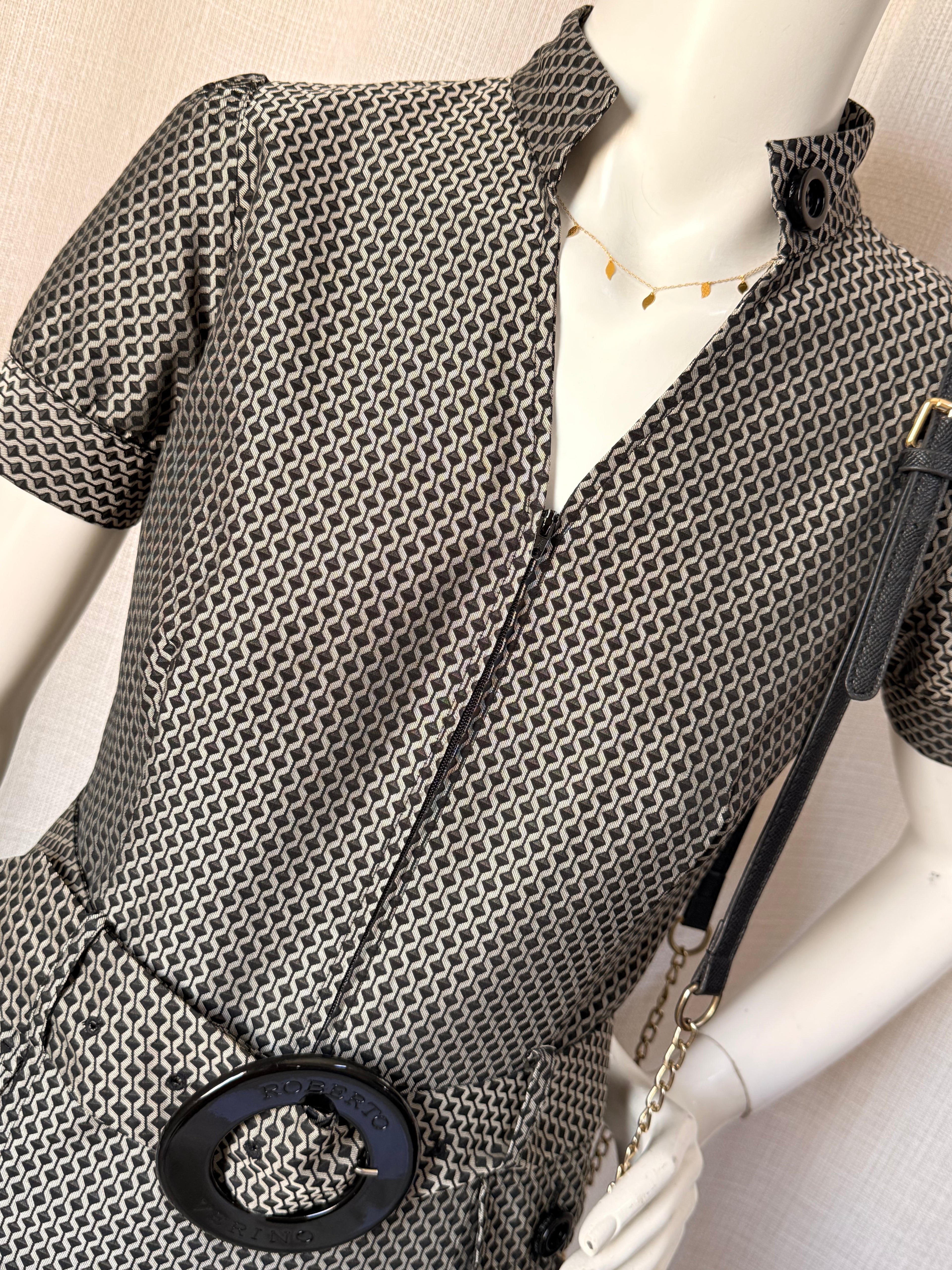 Authentic Roberto Verino Geometric Belted Dress – Size M (Bust 34”) | Luxury Designer Dress UAE
