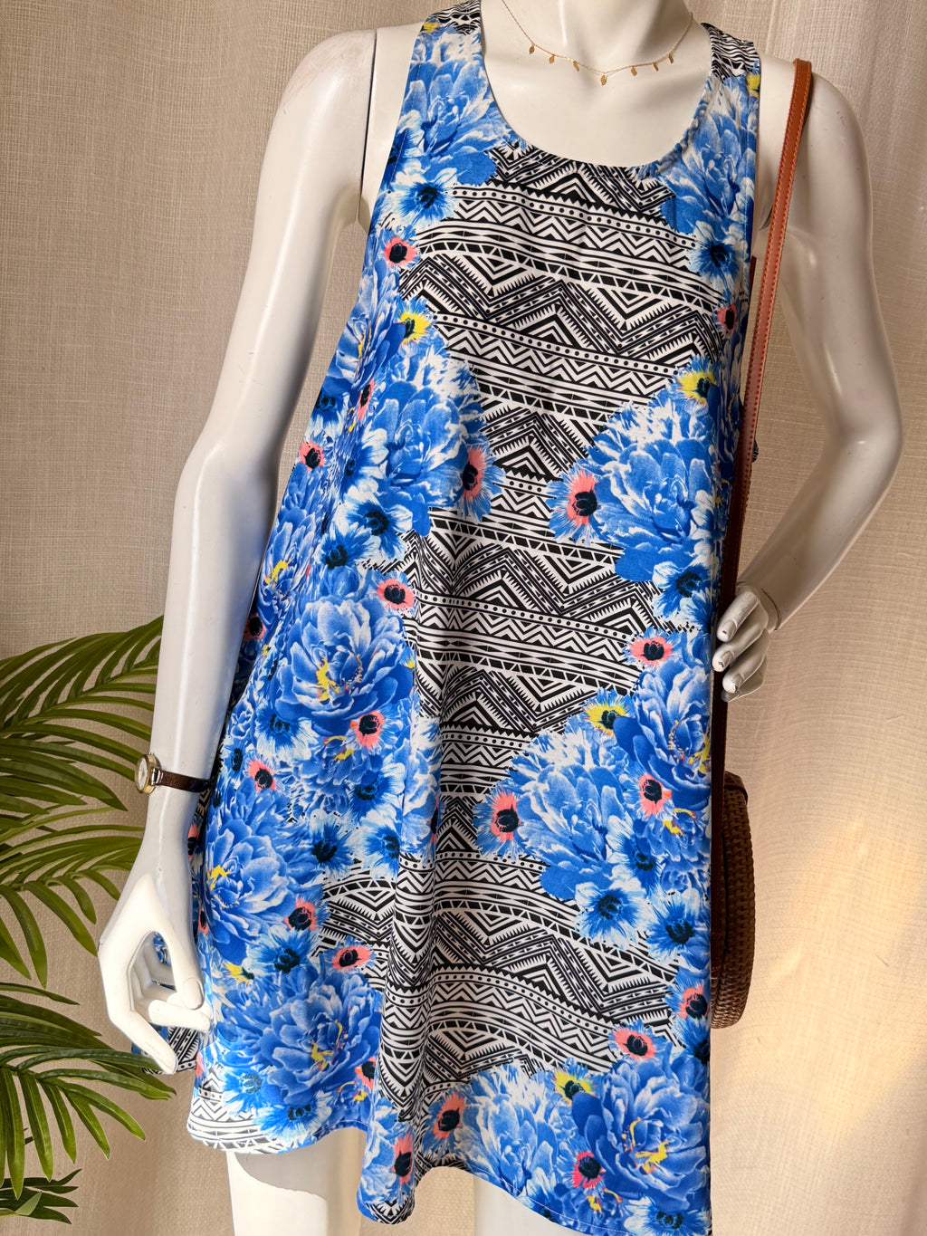 Faith in Love Geometric & Floral Mini Dress - Strappy Back - Size 10 - Blue Boho