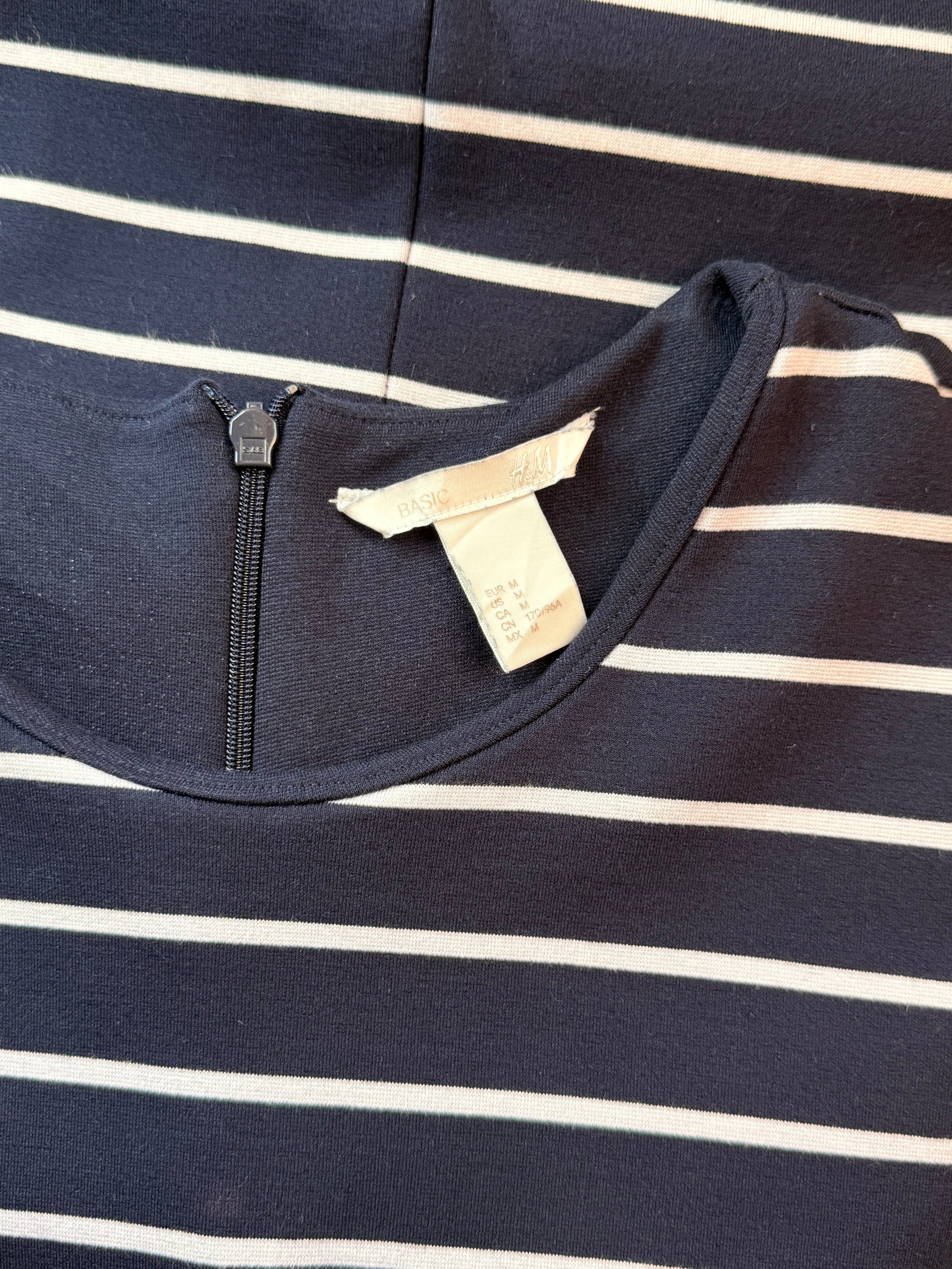 H&M Basic Navy Blue Striped Mini Dress with Pockets - Size M