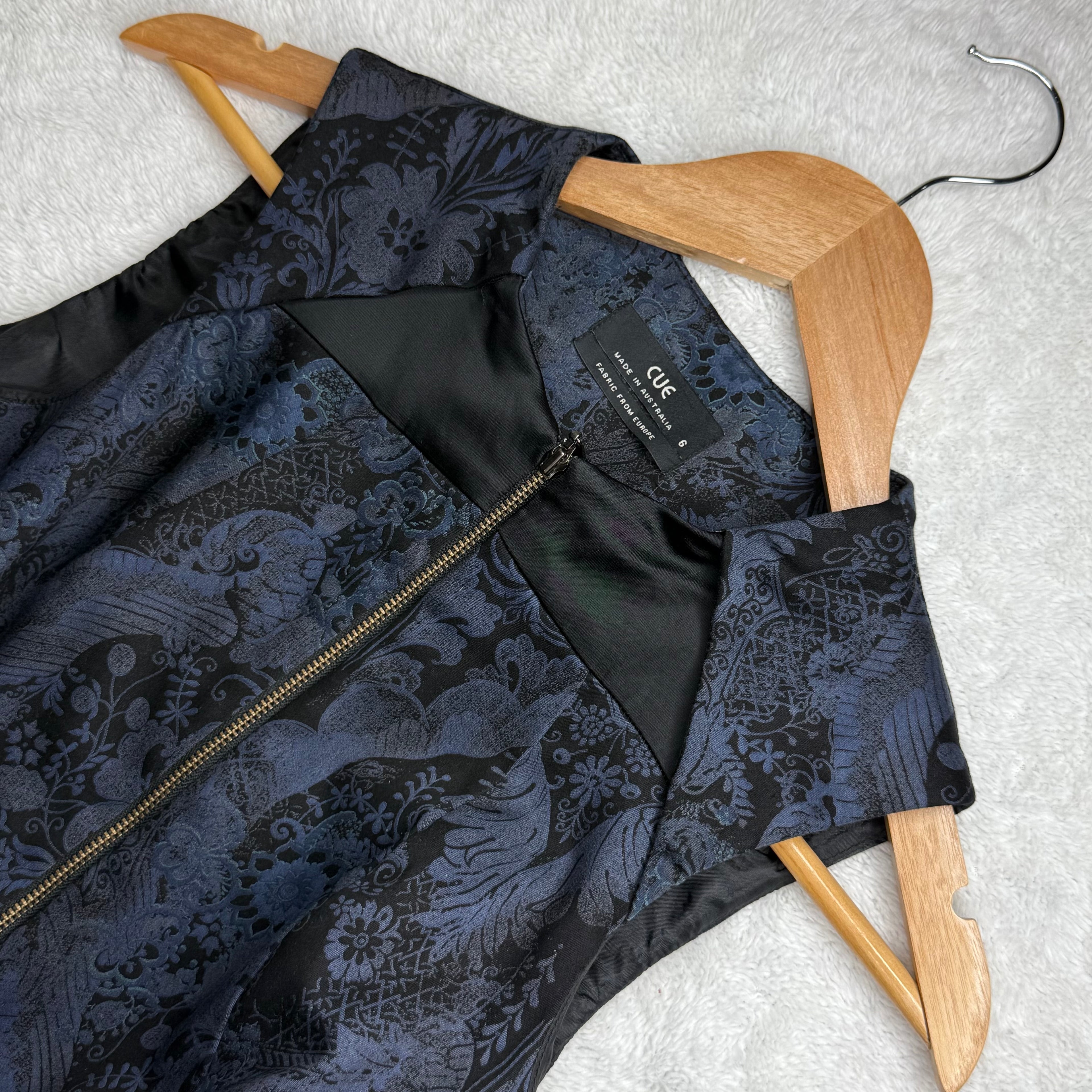 Cue Australia Navy & Black Brocade Dress with Belt